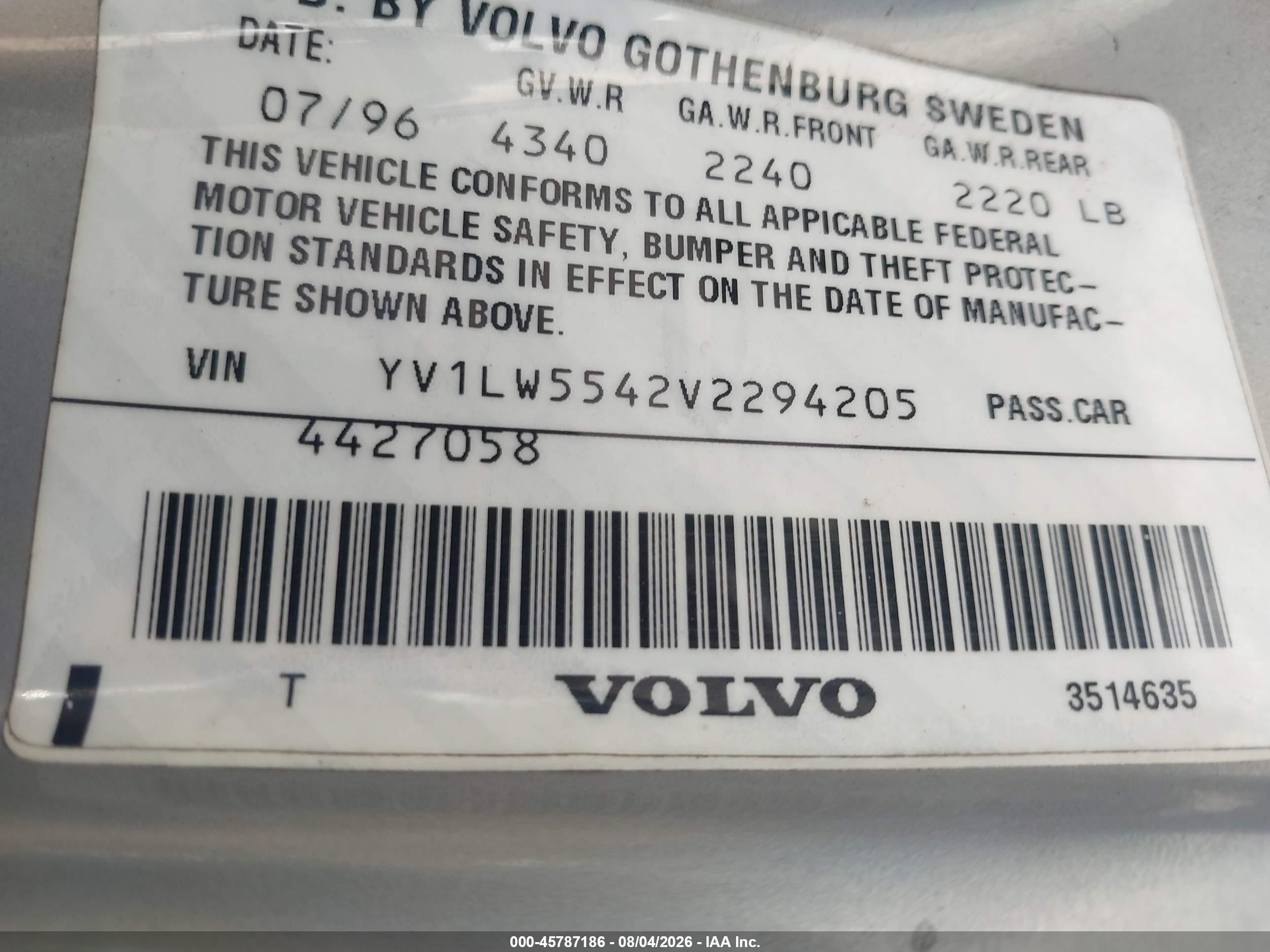 1997 Volvo 850 Gt Silver vin: YV1LW5542V2294205