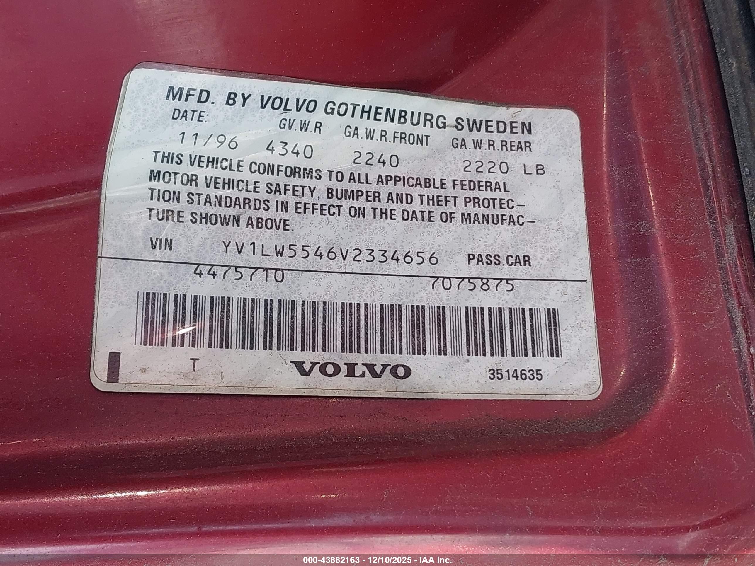 1997 Volvo 850 Gt Red vin: YV1LW5546V2334656