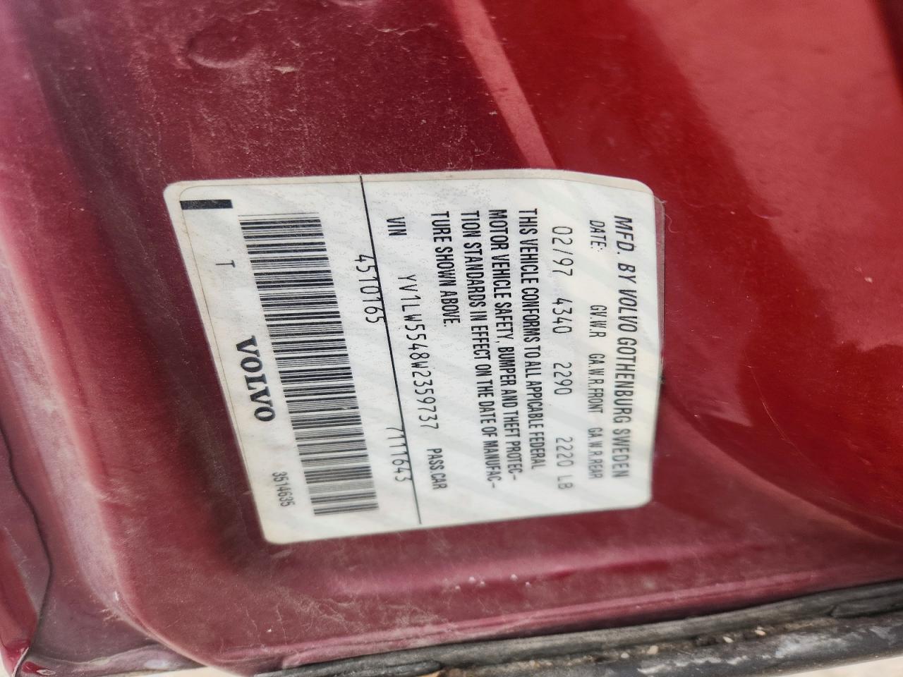 1998 Volvo V70 Burgundy vin: YV1LW5548W2359737
