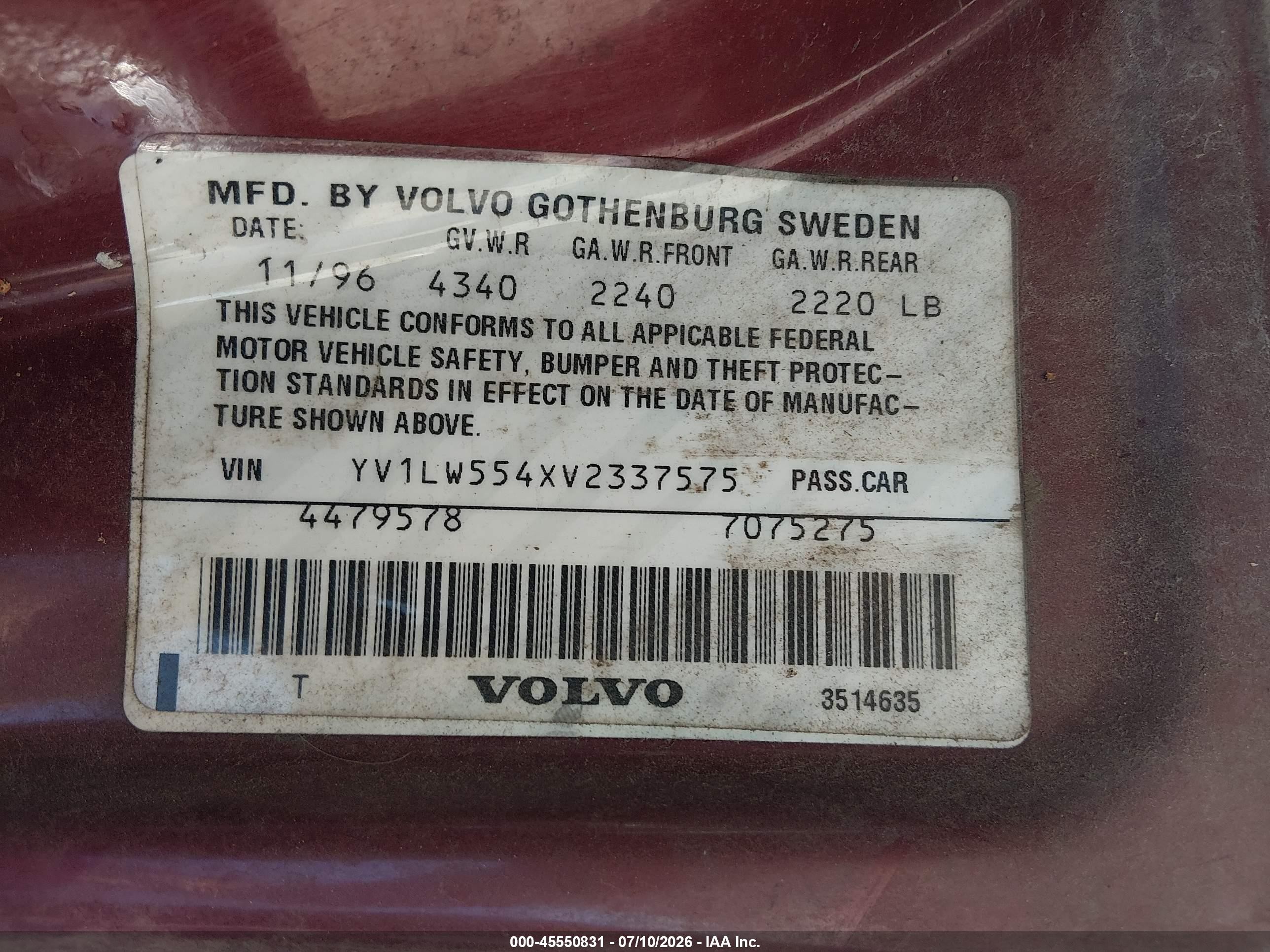 1997 Volvo 850 Gt Red vin: YV1LW554XV2337575