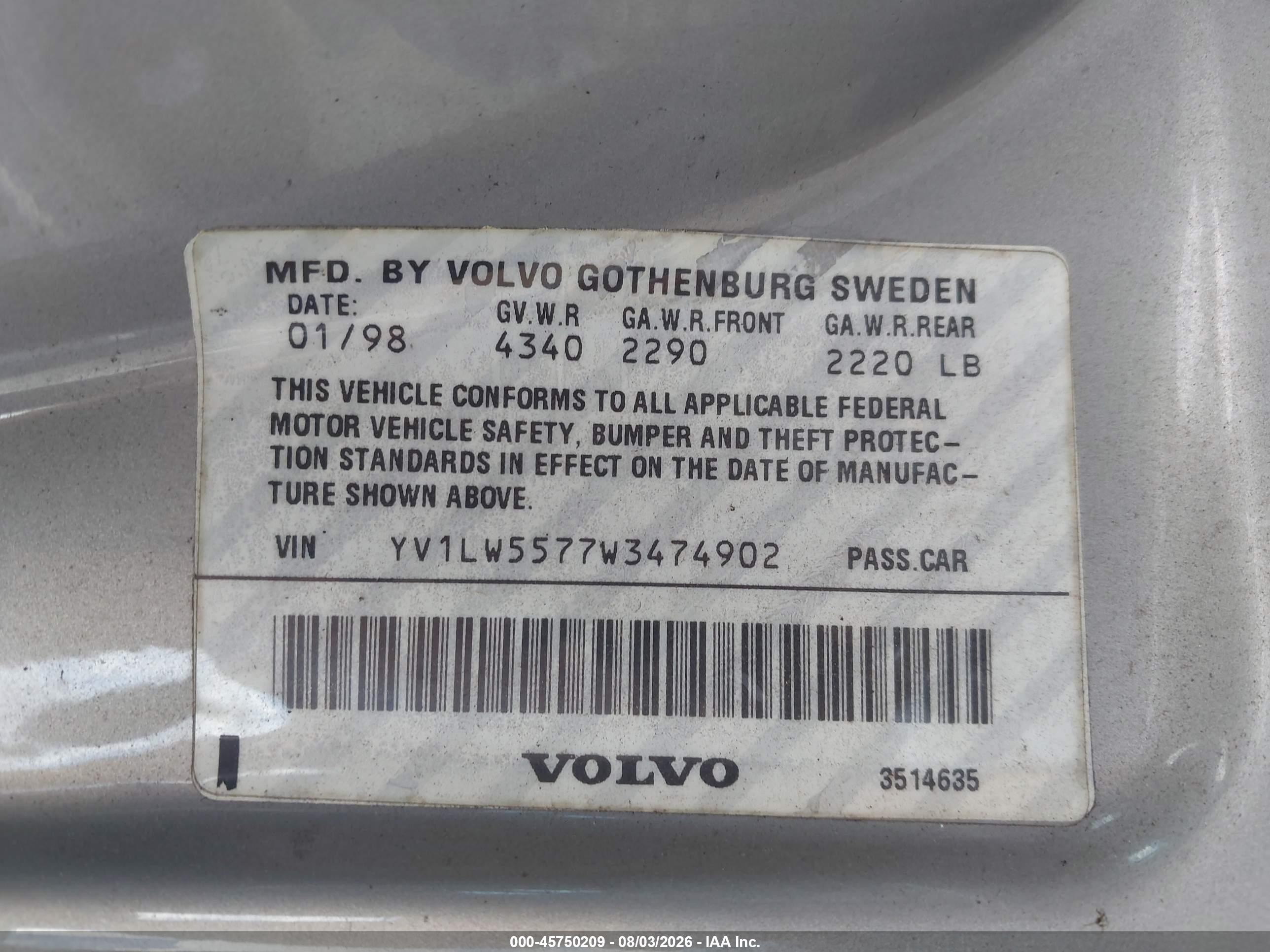 1998 Volvo V70   Серебряный vin: YV1LW5577W3474902