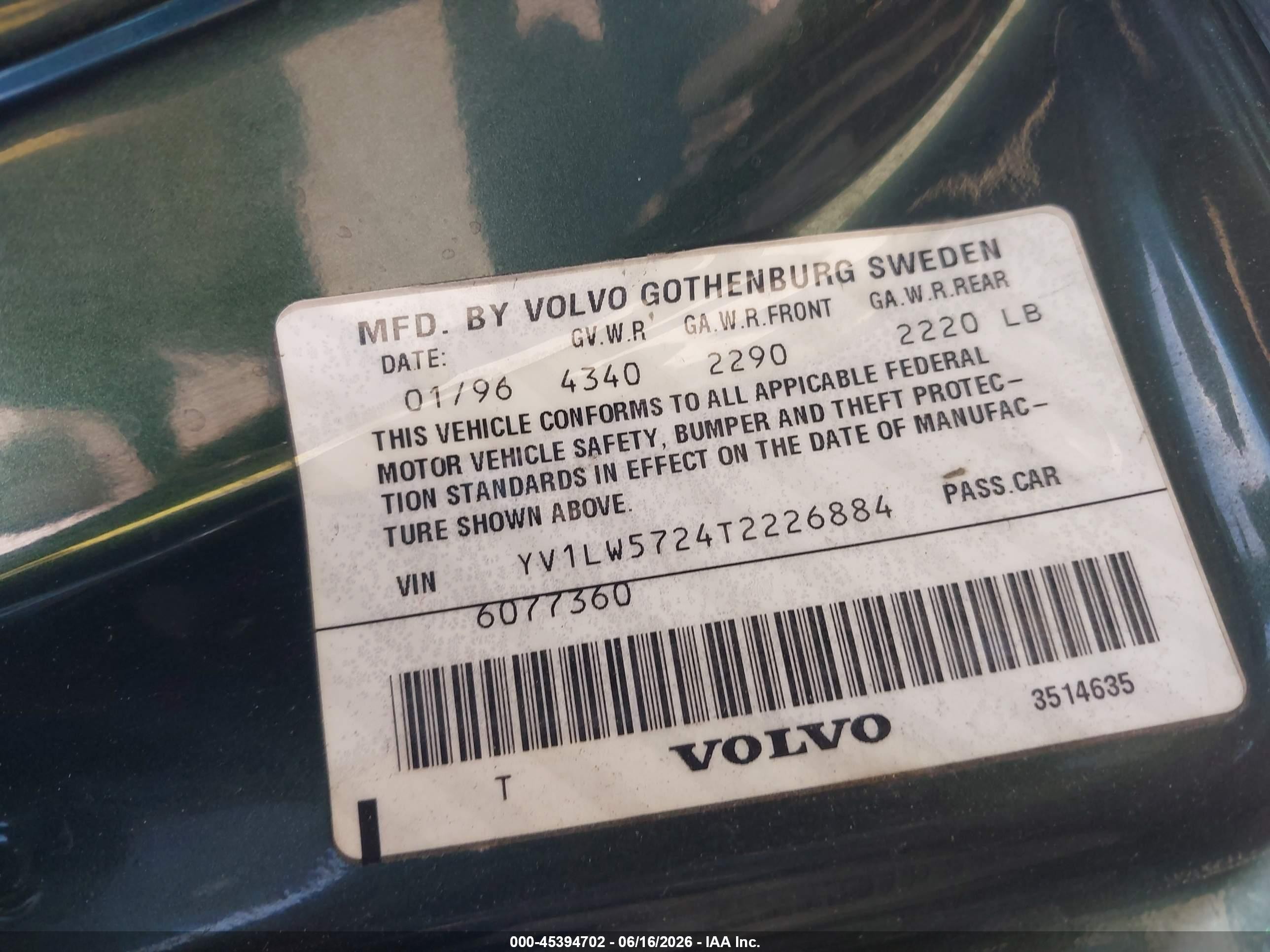 1996 Volvo 850   Green vin: YV1LW5724T2226884
