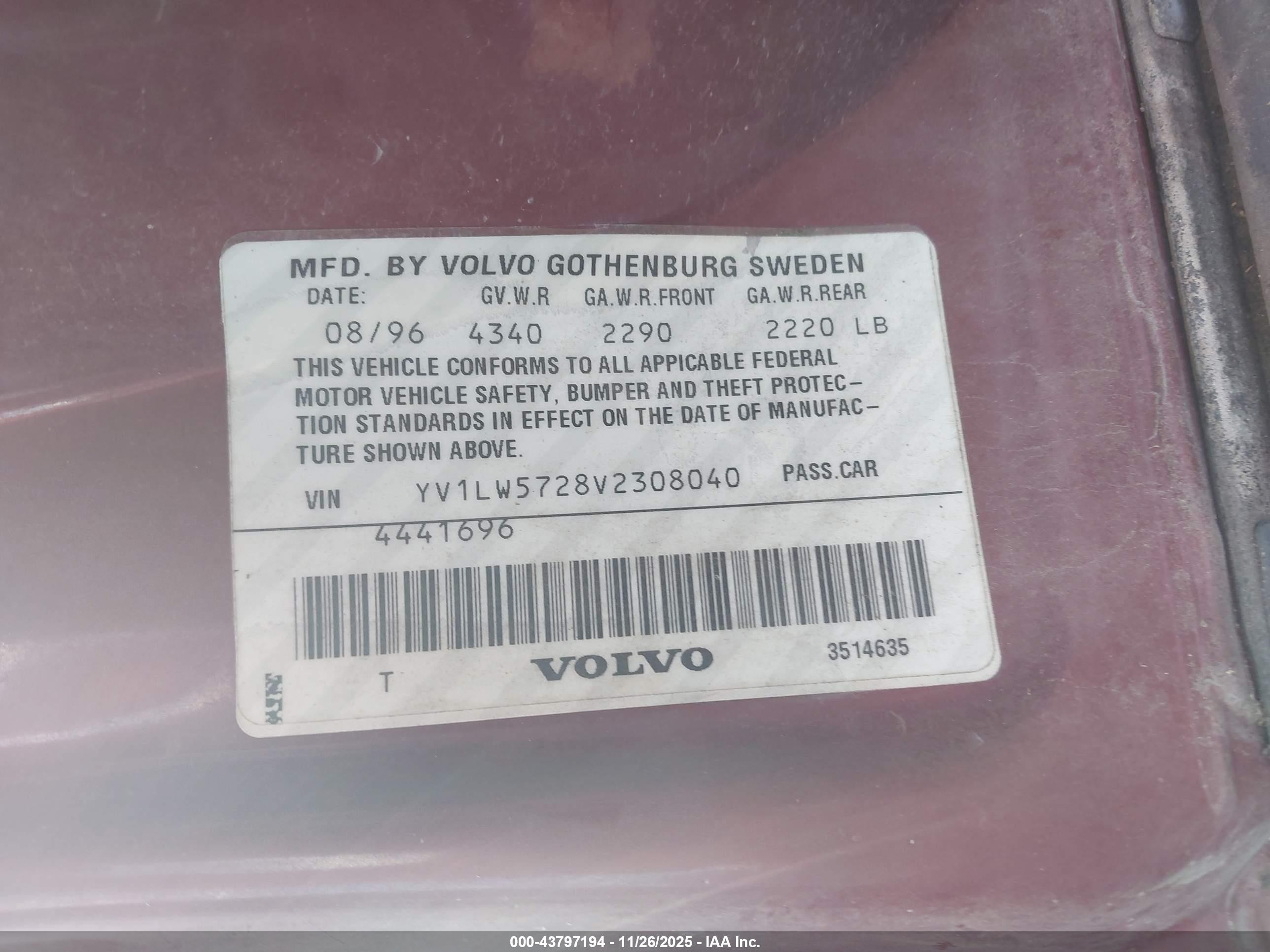 1997 Volvo 850 T5 Burgundy vin: YV1LW5728V2308040