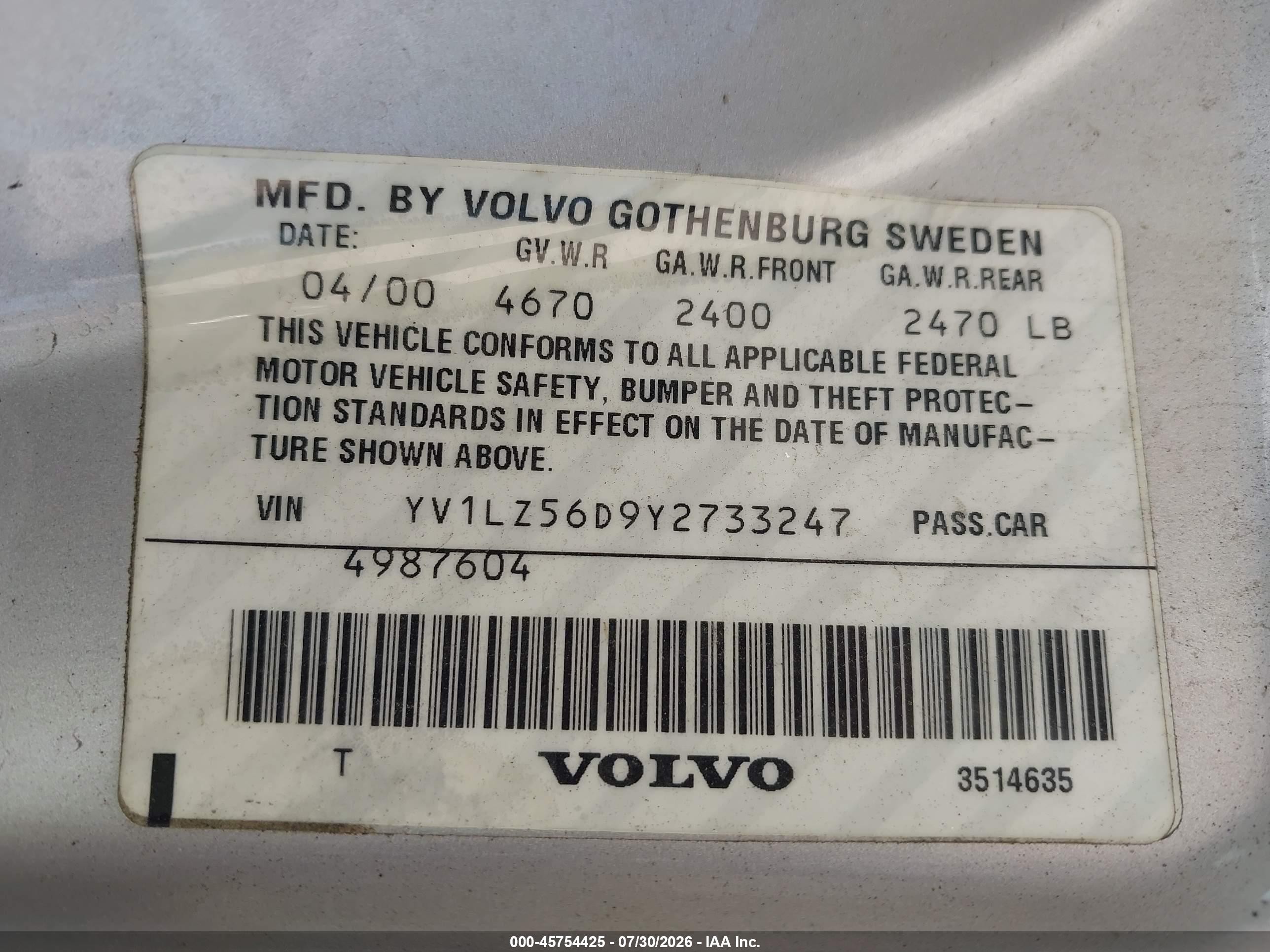 2000 Volvo V70 Xc/xc Se Silver vin: YV1LZ56D9Y2733247