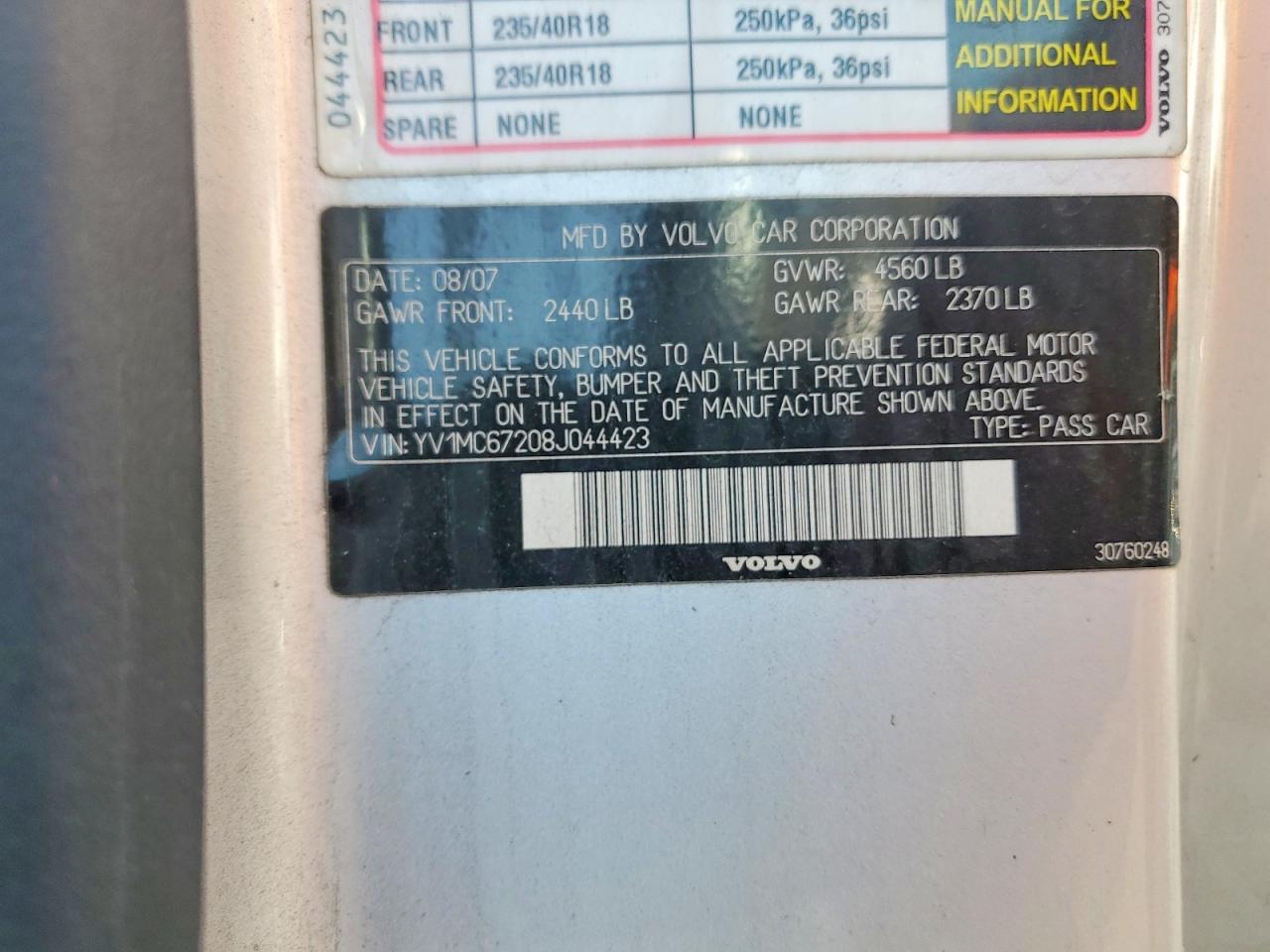 2008 Volvo C70 T5 Silver vin: YV1MC67208J044423
