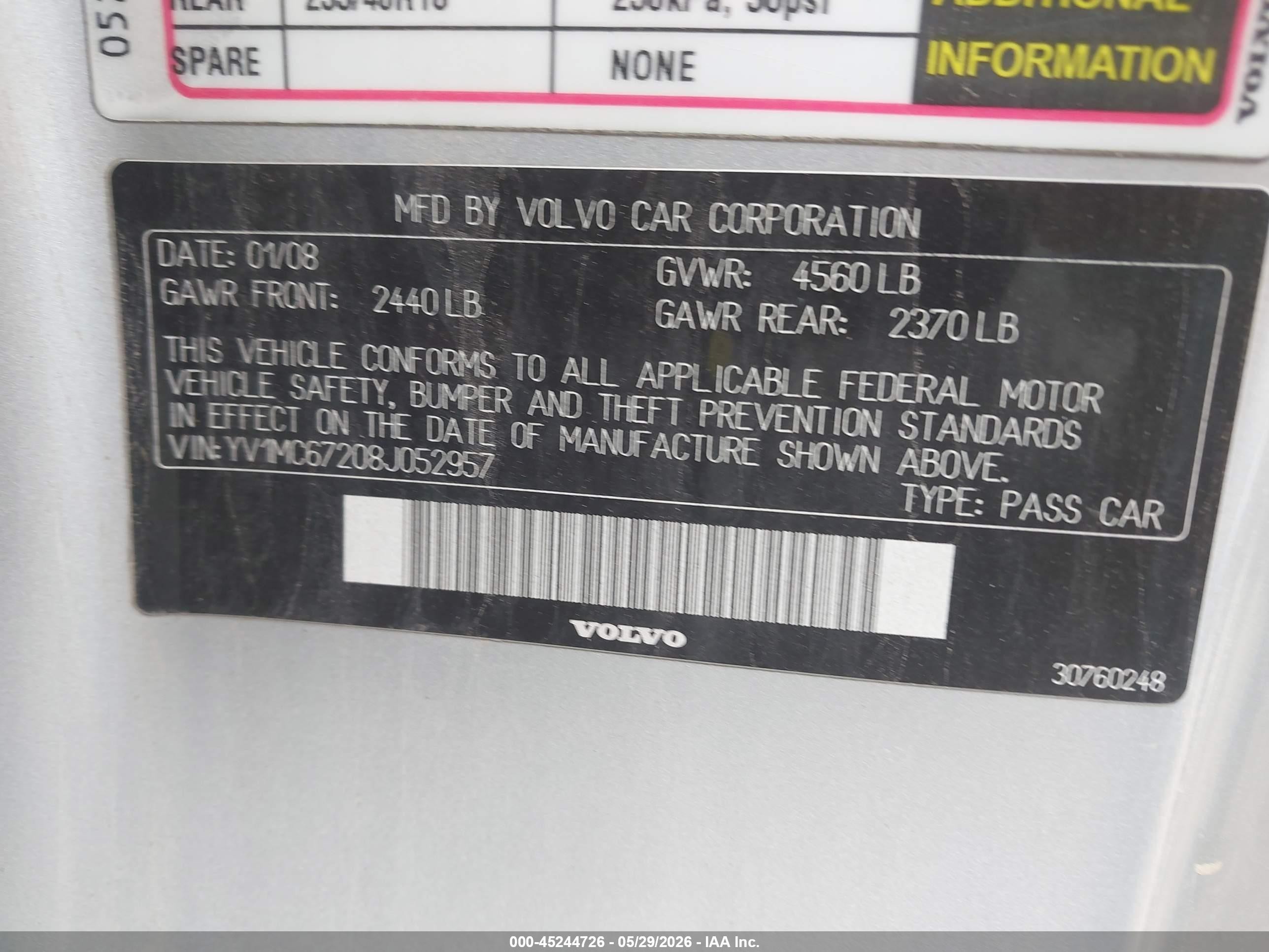 2008 Volvo C70 T5 Silver vin: YV1MC67208J052957