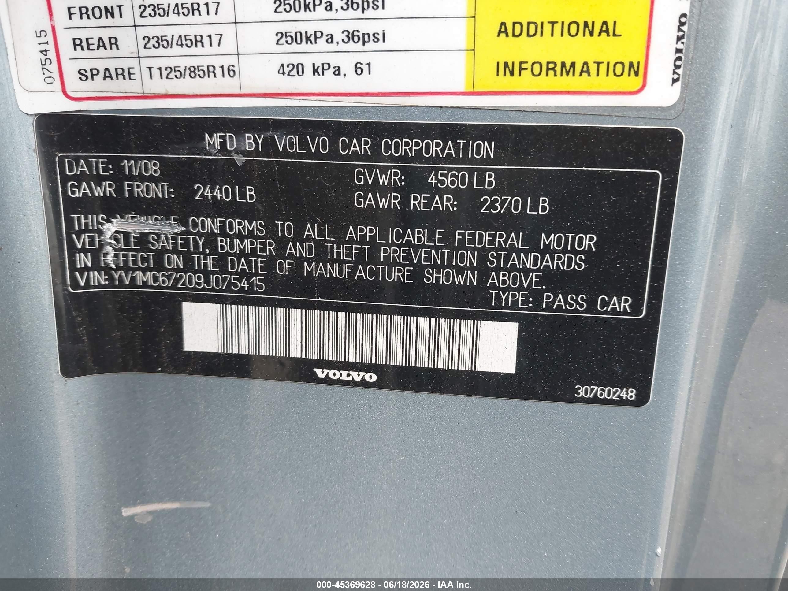 2009 Volvo C70 T5 Light Blue vin: YV1MC67209J075415