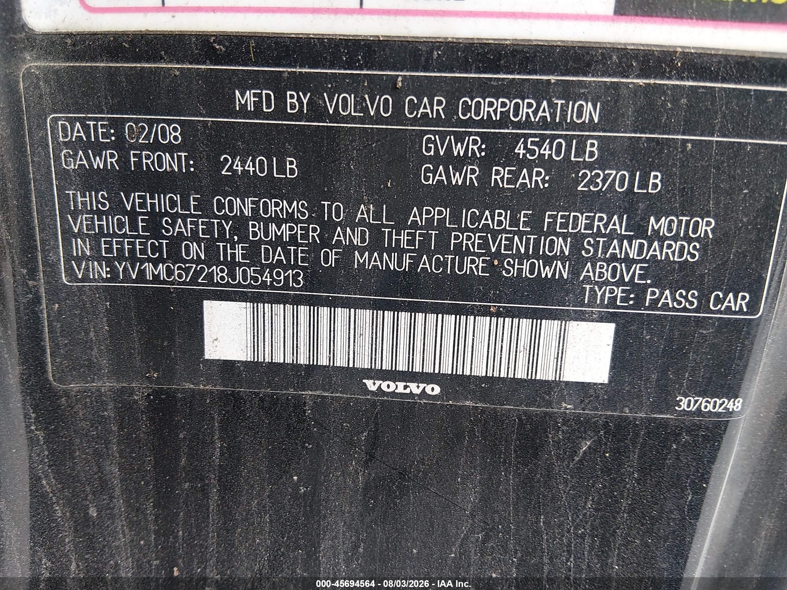 2008 Volvo C70 T5 M Black vin: YV1MC67218J054913