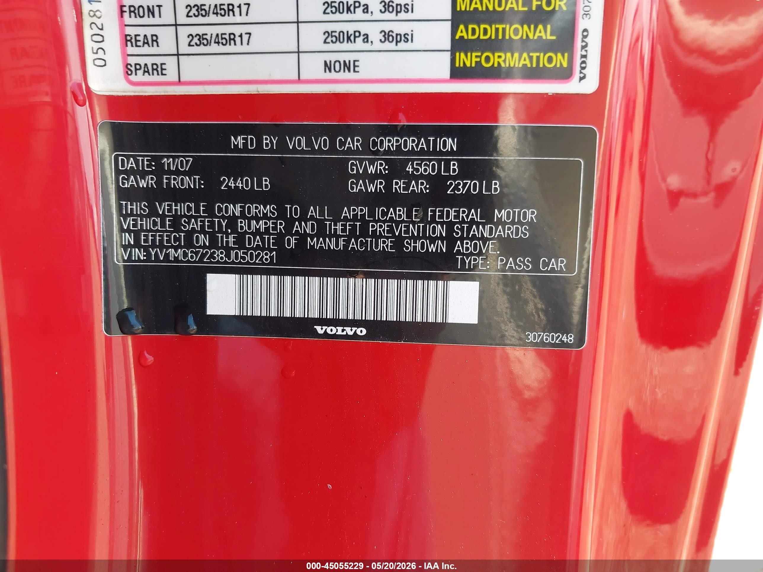 2008 Volvo C70 T5 Красный vin: YV1MC67238J050281