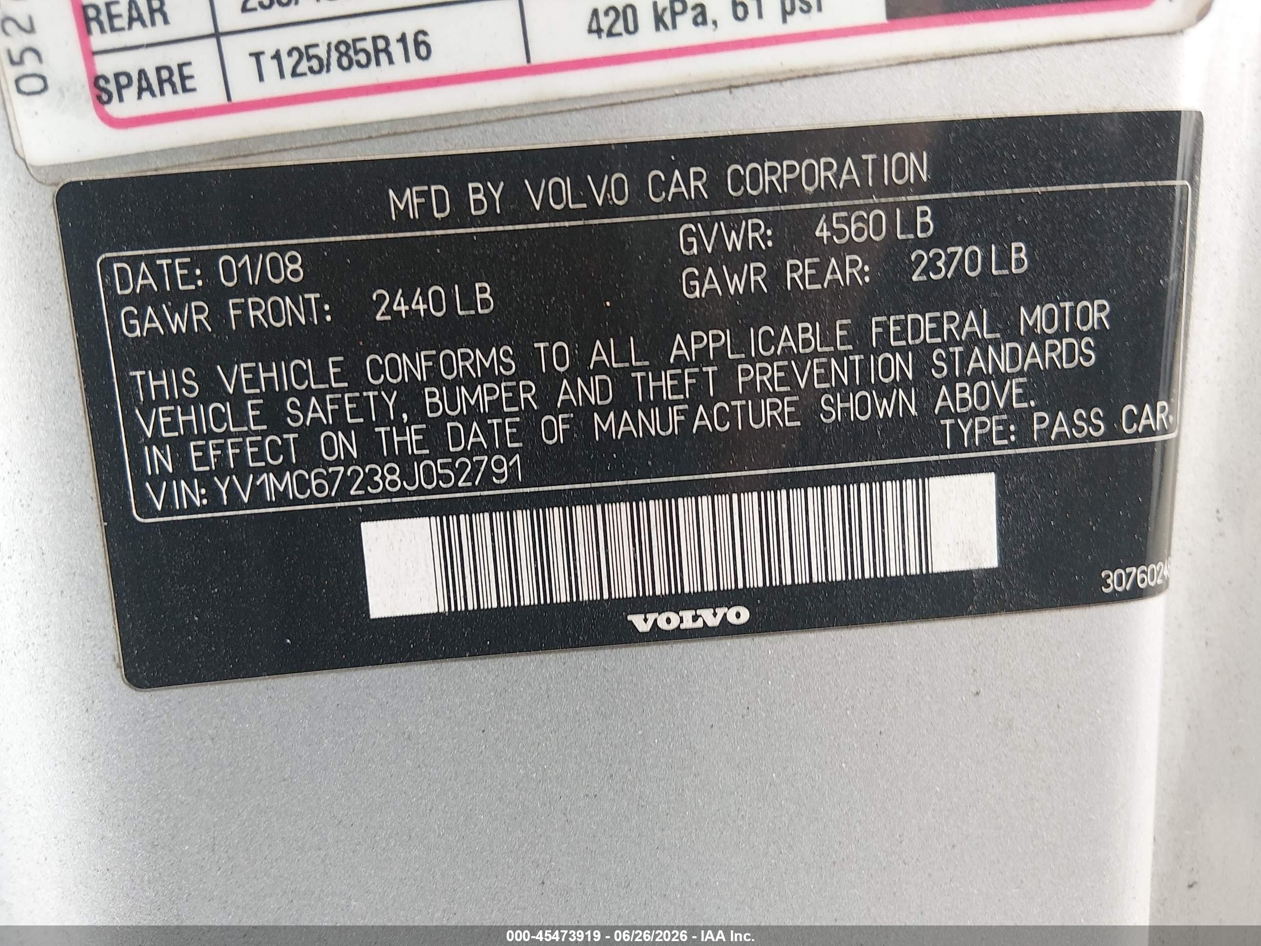 2008 Volvo C70 T5 M Silver vin: YV1MC67238J052791