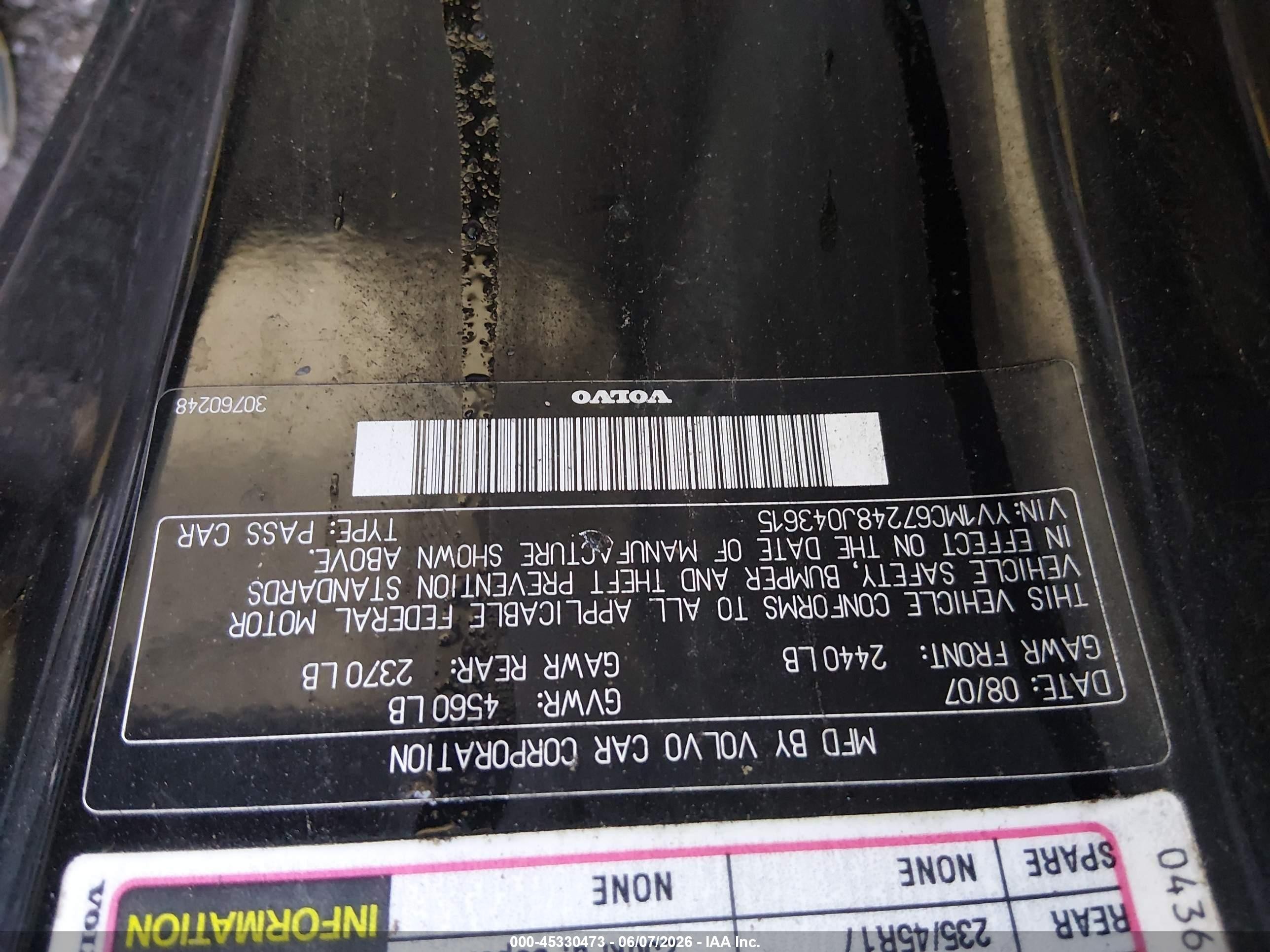 2008 Volvo C70 T5 Black vin: YV1MC67248J043615