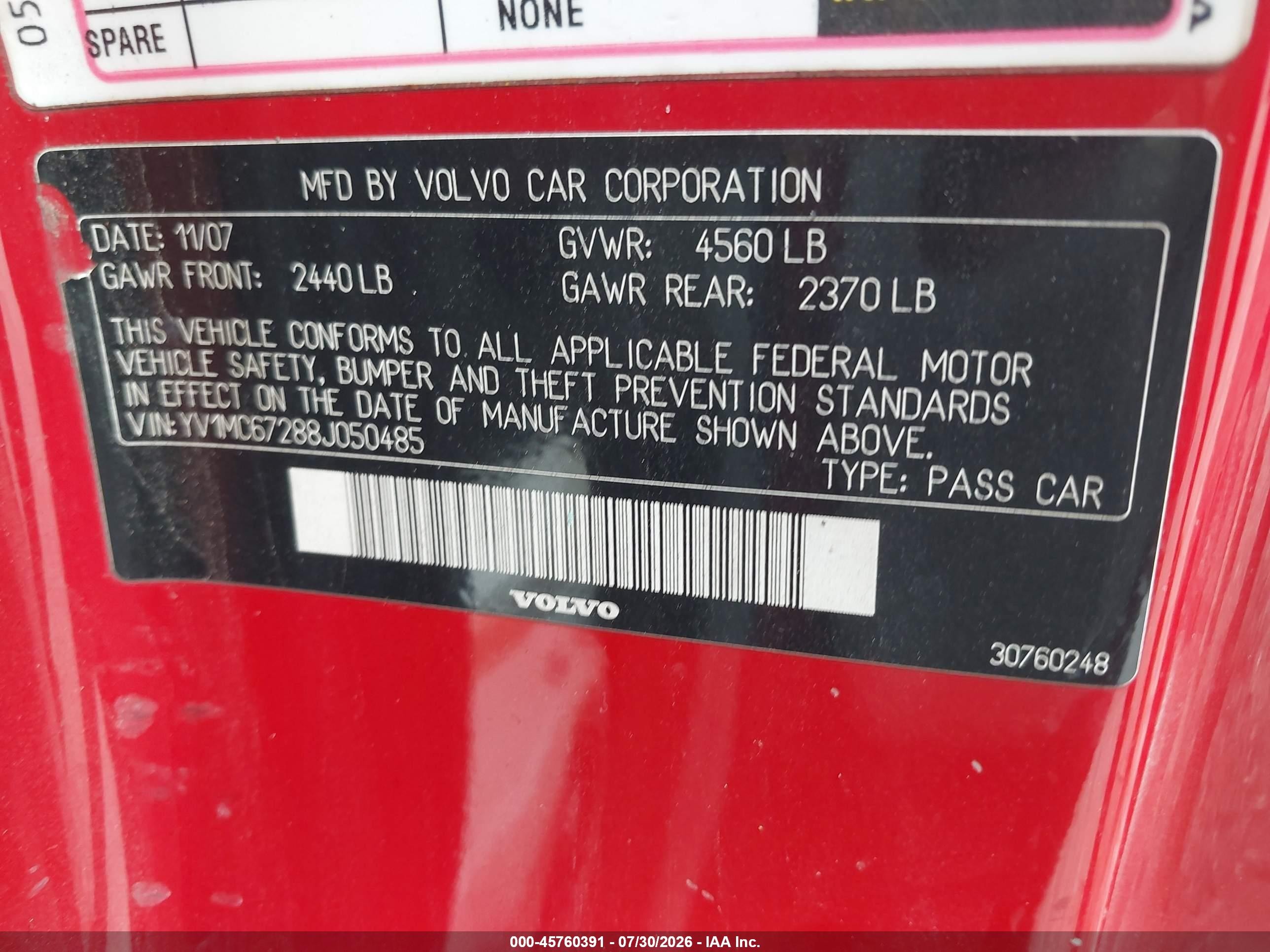 2008 Volvo C70 T5 M Red vin: YV1MC67288J050485
