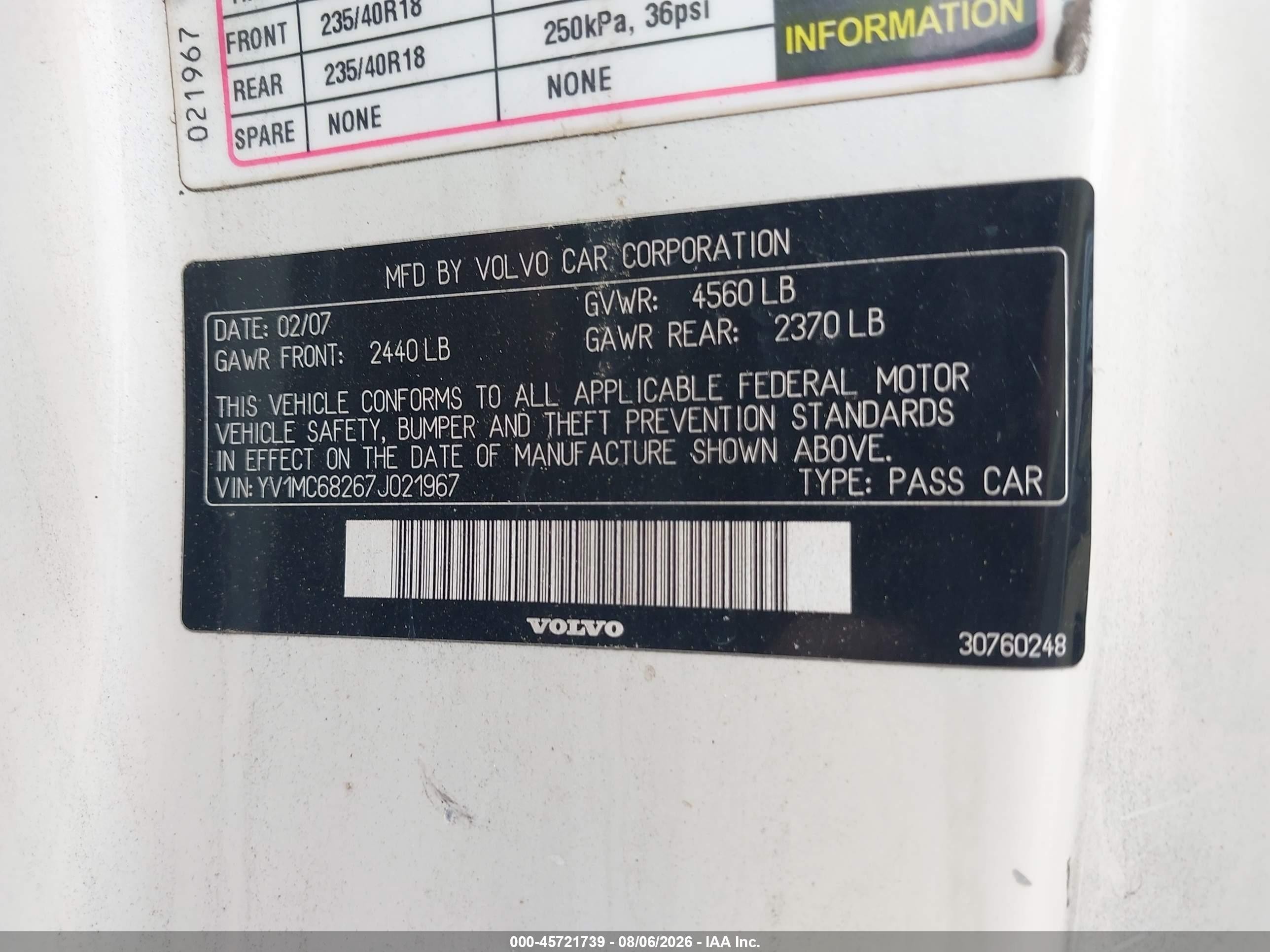 2007 Volvo C70 T5 White vin: YV1MC68267J021967