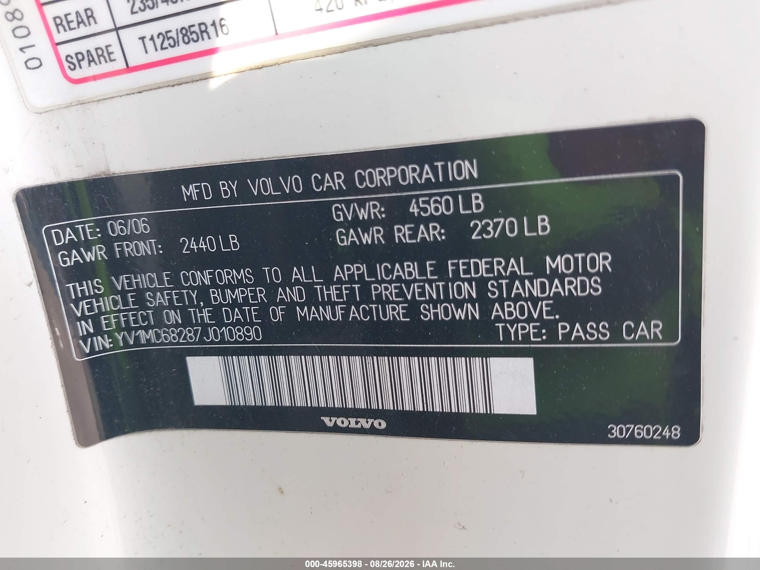 2007 Volvo C70 T5 White vin: YV1MC68287J010890