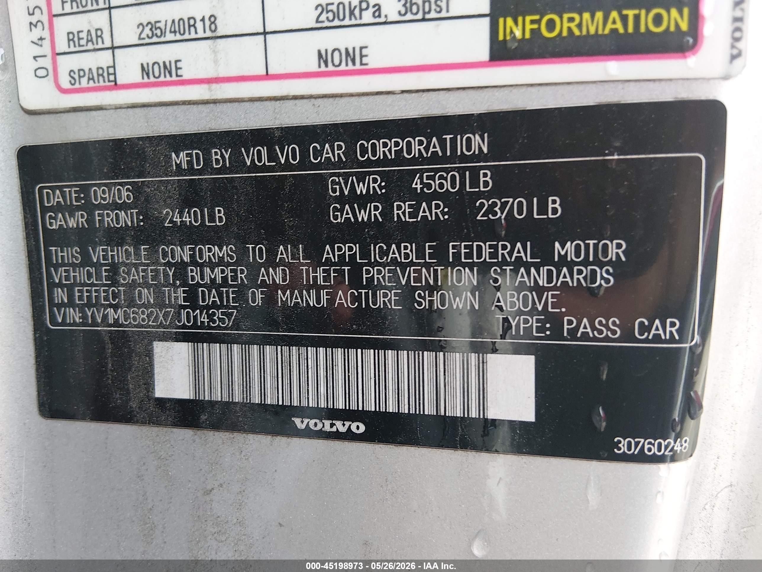 2007 Volvo C70 T5 Silver vin: YV1MC682X7J014357