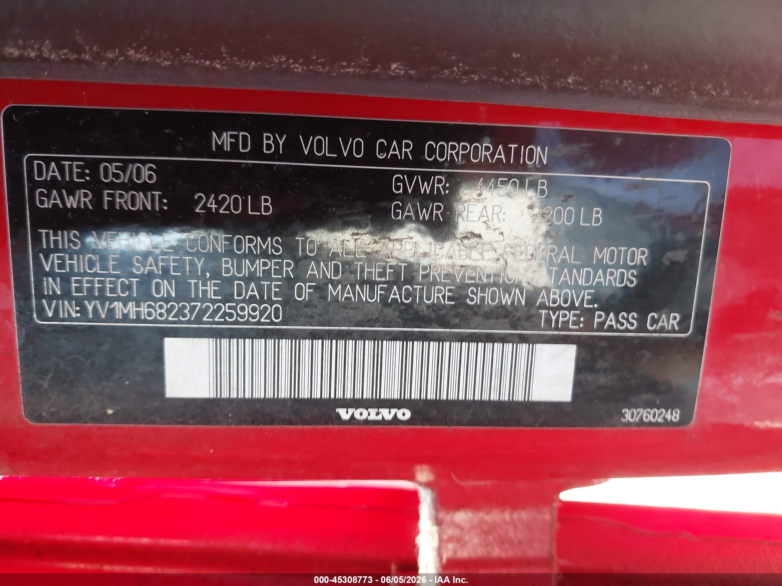 2007 Volvo S40 T5 Красный vin: YV1MH682372259920