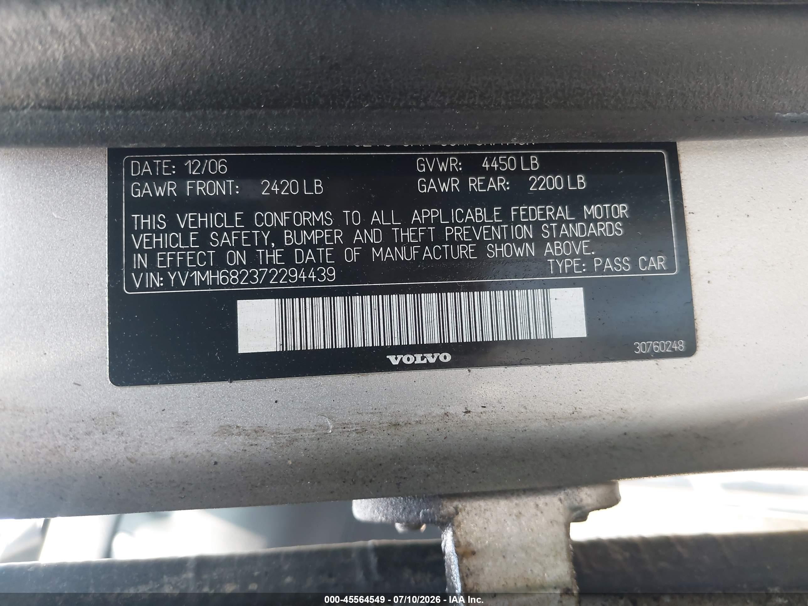 2007 Volvo S40 T5 Silver vin: YV1MH682372294439