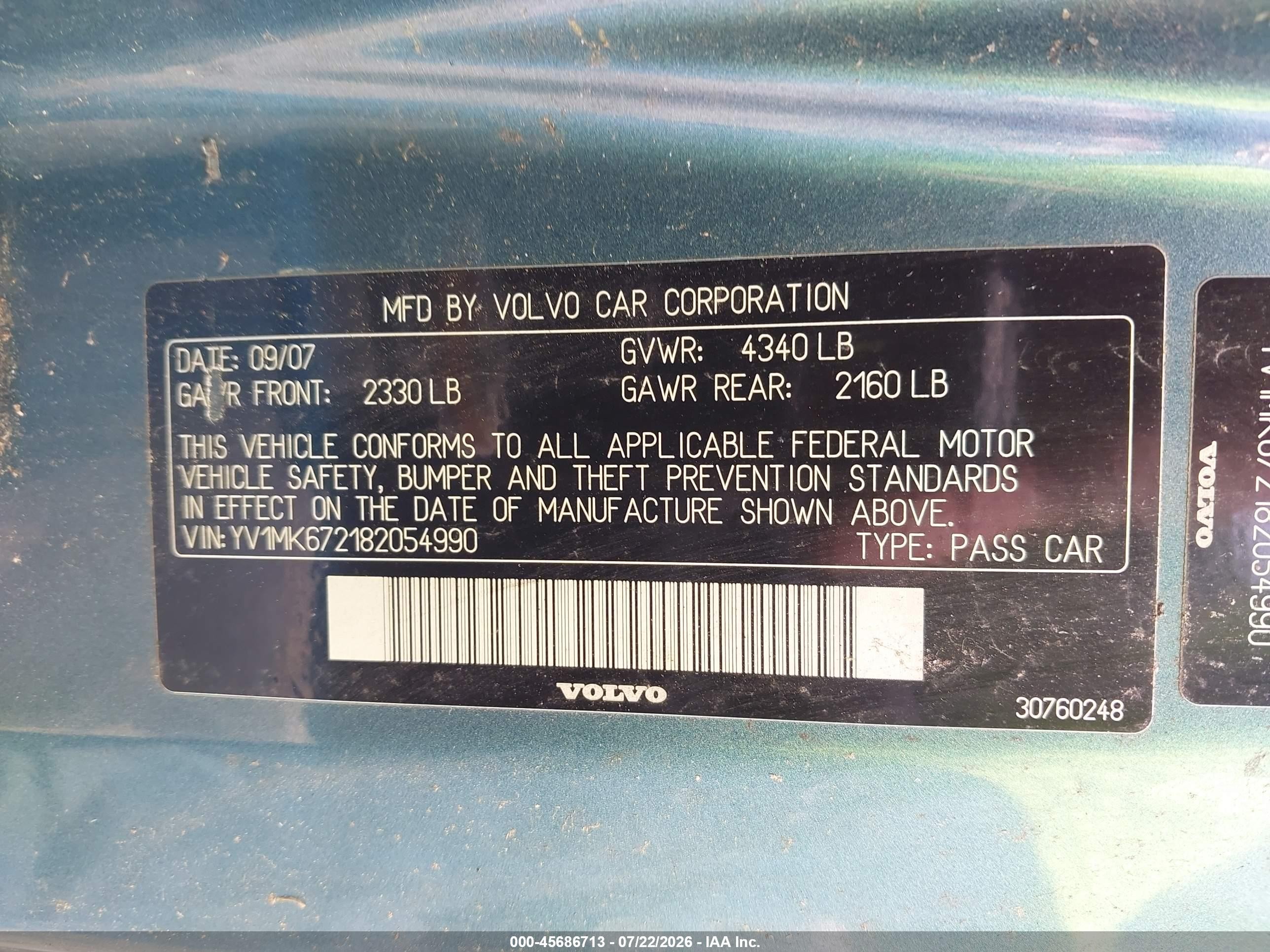 2008 Volvo C30 T5 R-design/t5 Version 1.0/t5 Version 2.0 Blue vin: YV1MK672182054990