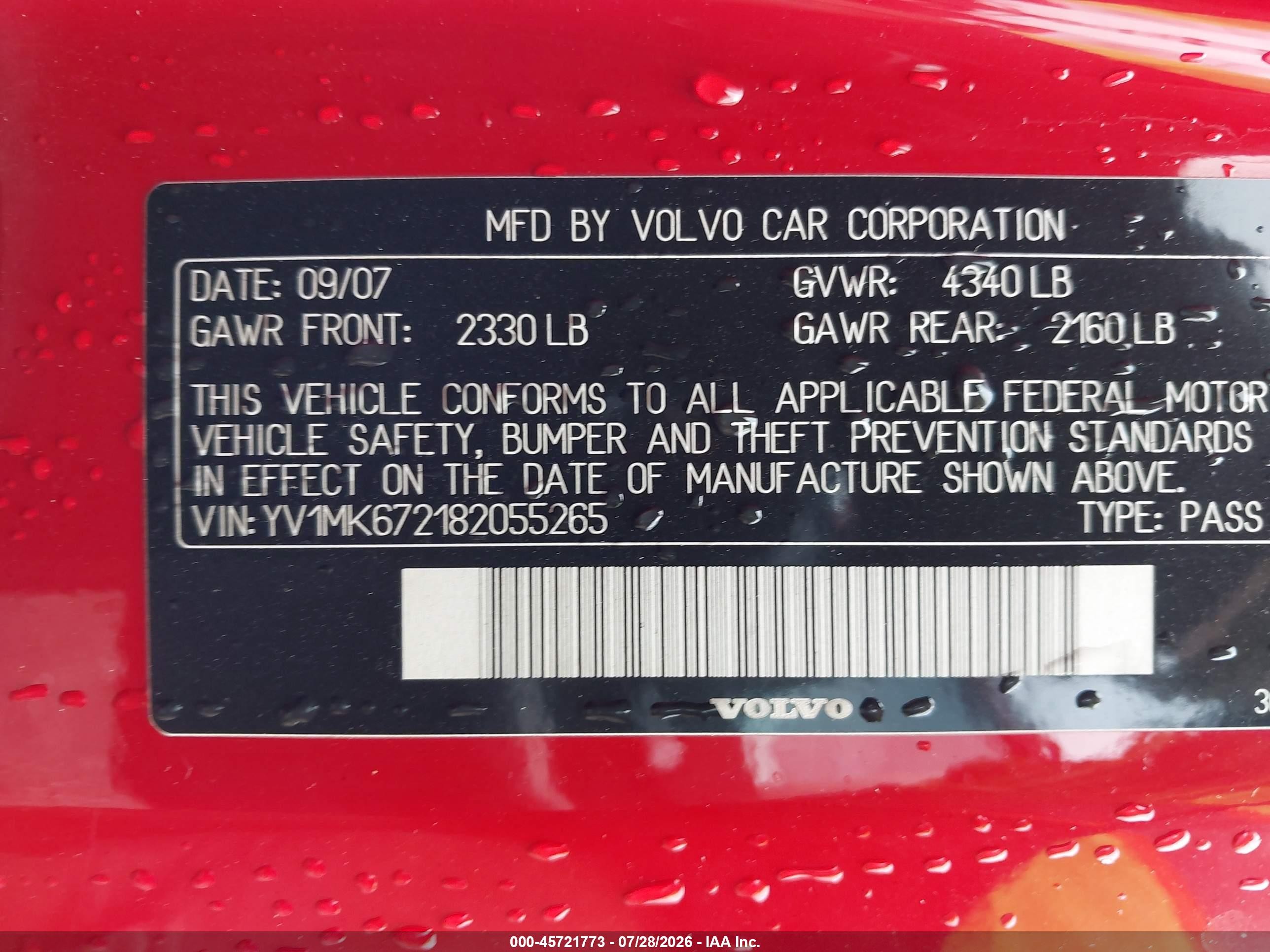 2008 Volvo C30 T5 R-design/t5 Version 1.0/t5 Version 2.0 Red vin: YV1MK672182055265