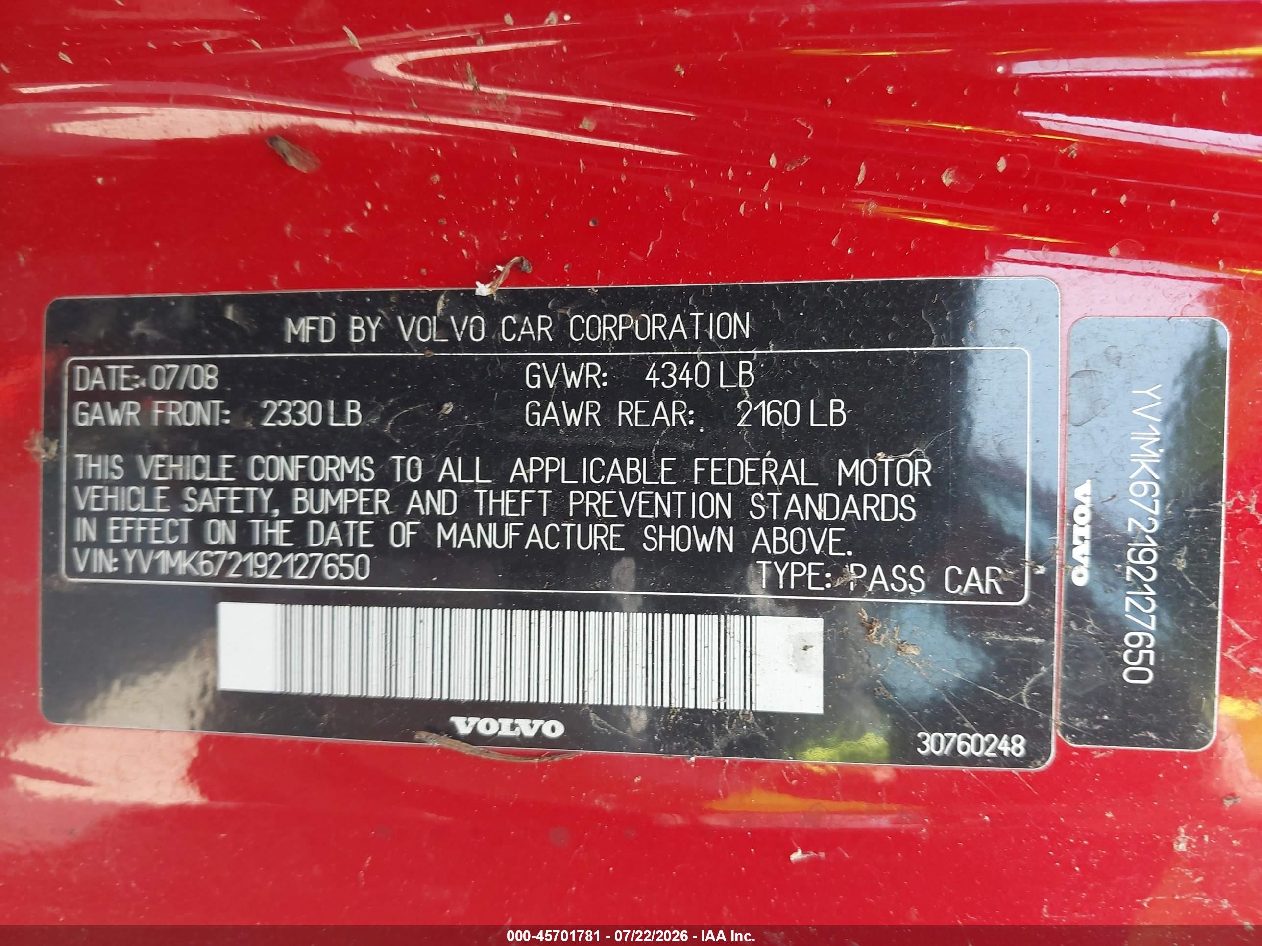 2009 Volvo C30 T5/t5 R-design Red vin: YV1MK672192127650