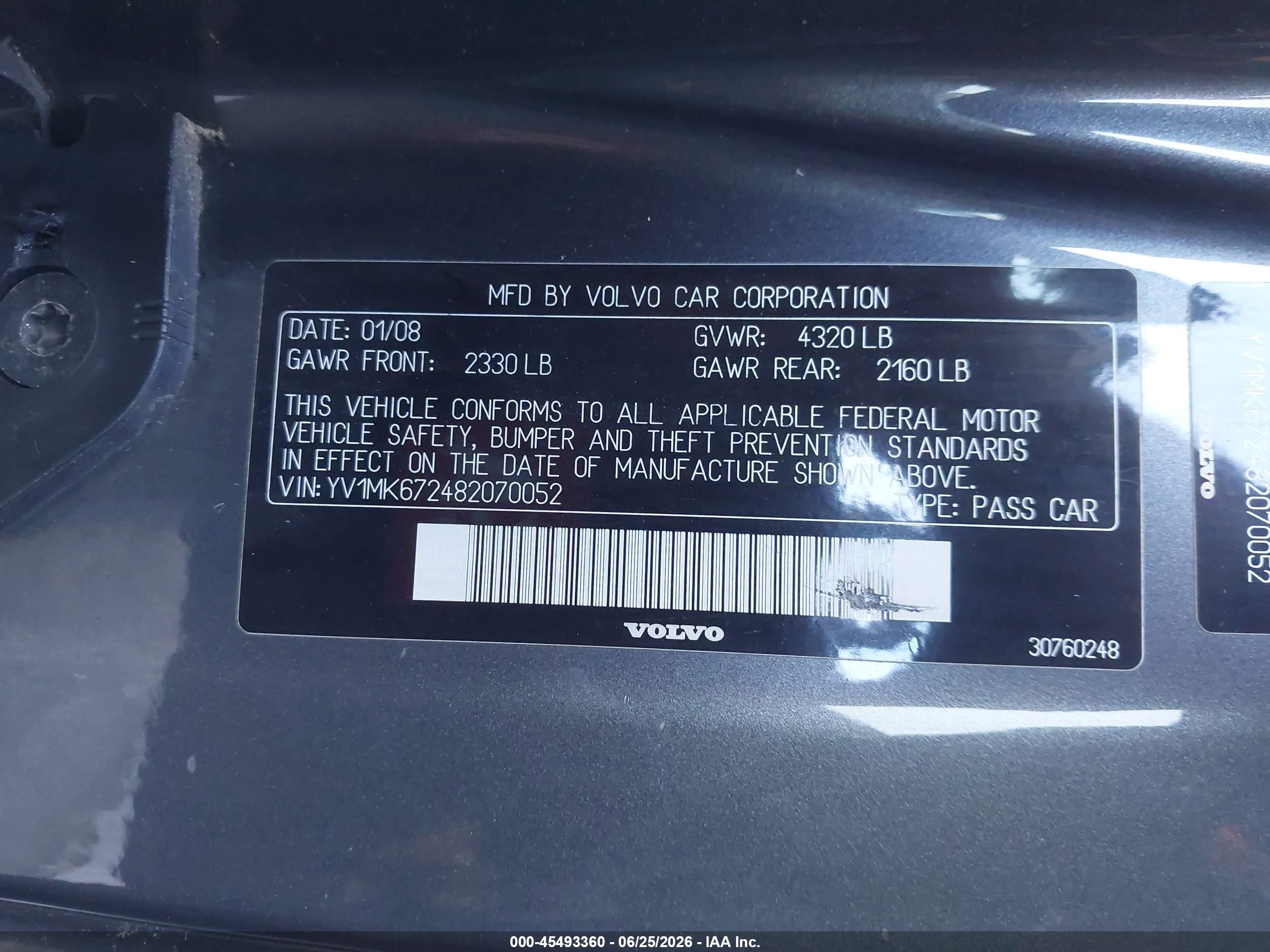 2008 Volvo C30 R-design/t5 Version 1.0/t5 Version 2.0/version 1.0/version 2.0 Gray vin: YV1MK672482070052