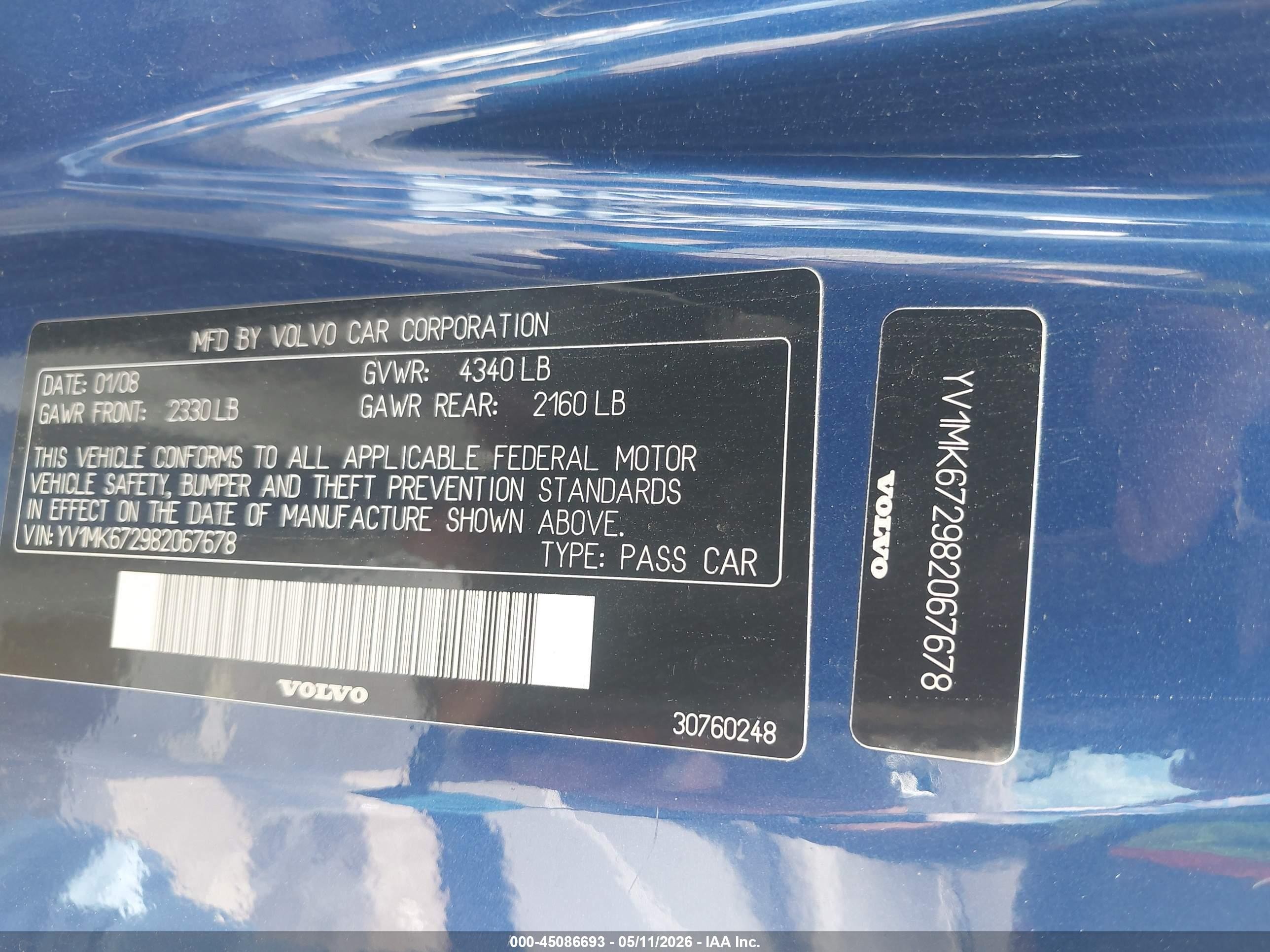 2008 Volvo C30 T5 R-design/t5 Version 1.0/t5 Version 2.0 Blue vin: YV1MK672982067678