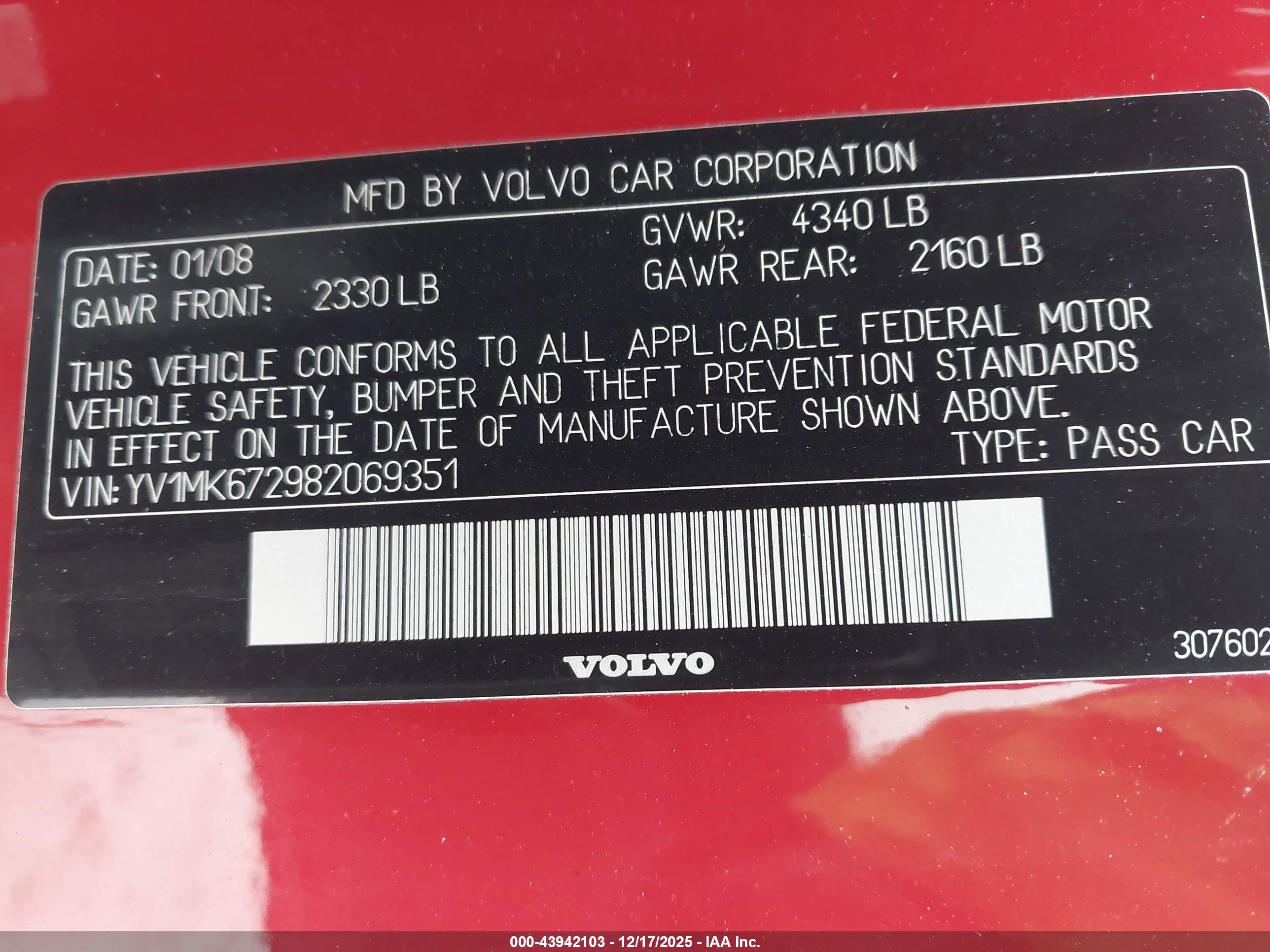 2008 Volvo C30 T5 R-design/t5 Version 1.0/t5 Version 2.0 Red vin: YV1MK672982069351