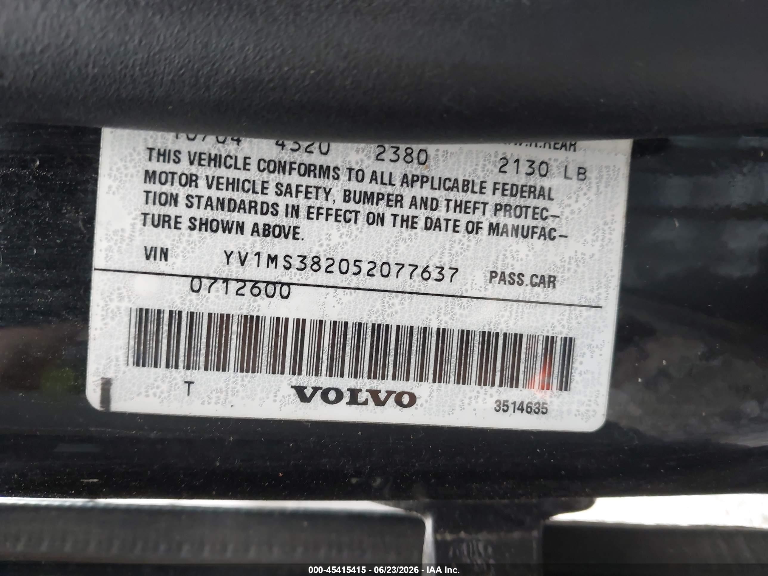 2005 Volvo S40 2.4i A/2.4i A Sr/2.4i M/2.4i M Sr Black vin: YV1MS382052077637