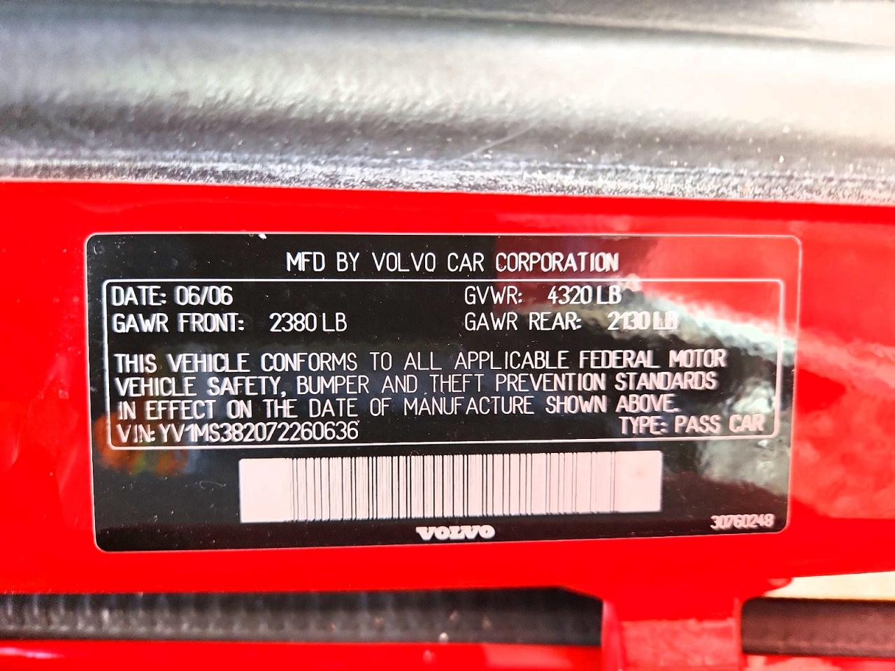 2007 Volvo S40 2.4i Red vin: YV1MS382072260636