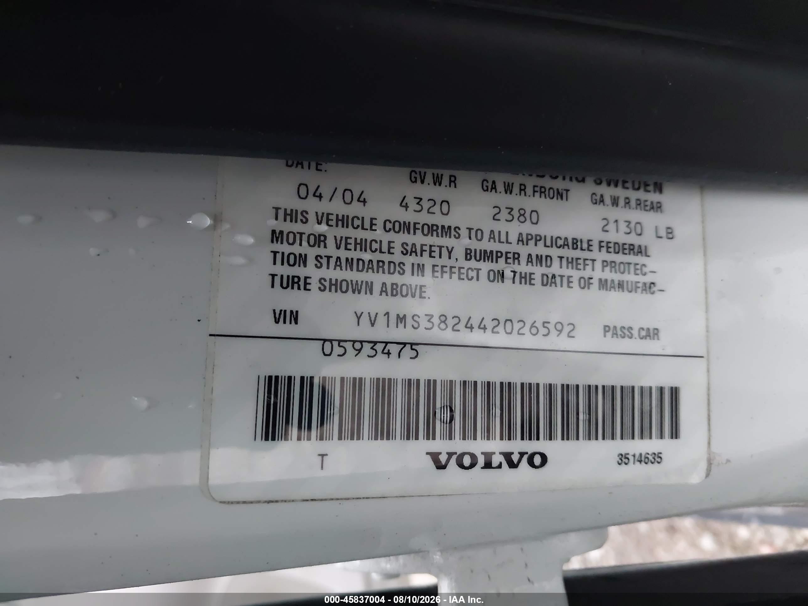 2004 Volvo S40 2.4i White vin: YV1MS382442026592