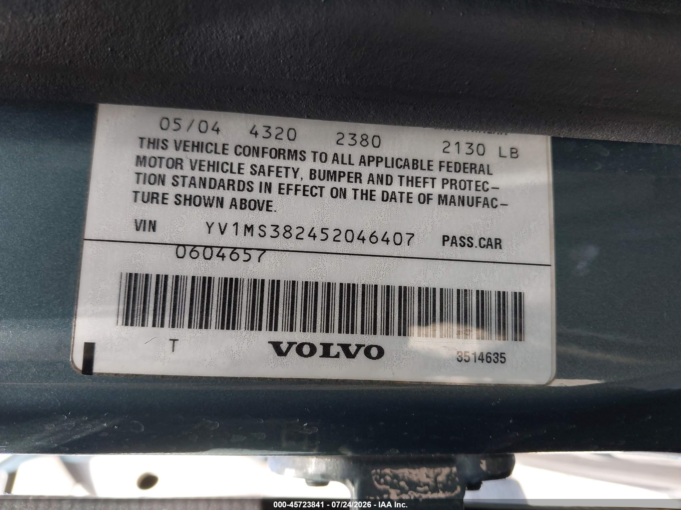 2005 Volvo S40 2.4i A/2.4i A Sr/2.4i M/2.4i M Sr Light Blue vin: YV1MS382452046407
