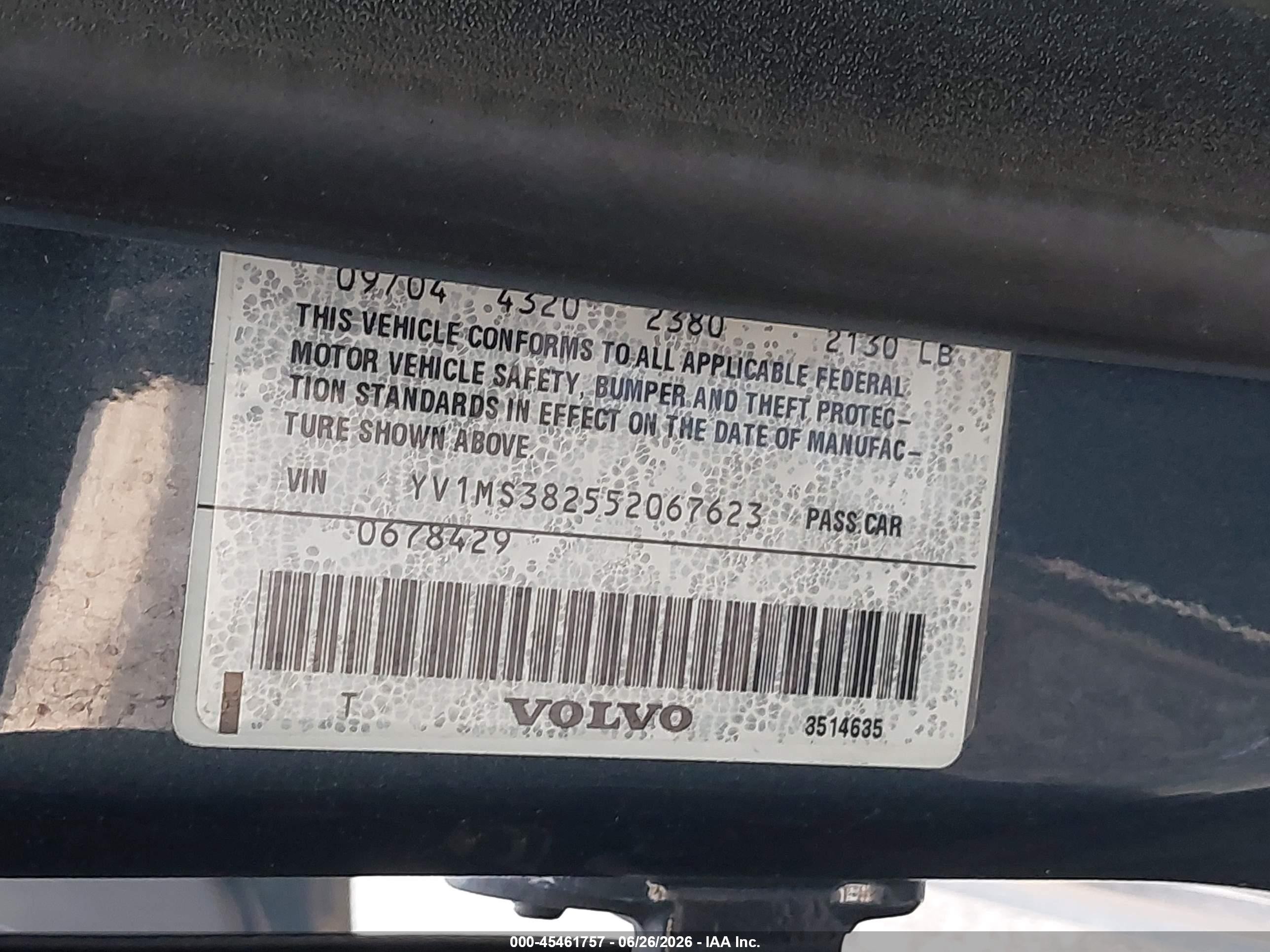 2005 Volvo S40 2.4i A/2.4i A Sr/2.4i M/2.4i M Sr Blue vin: YV1MS382552067623