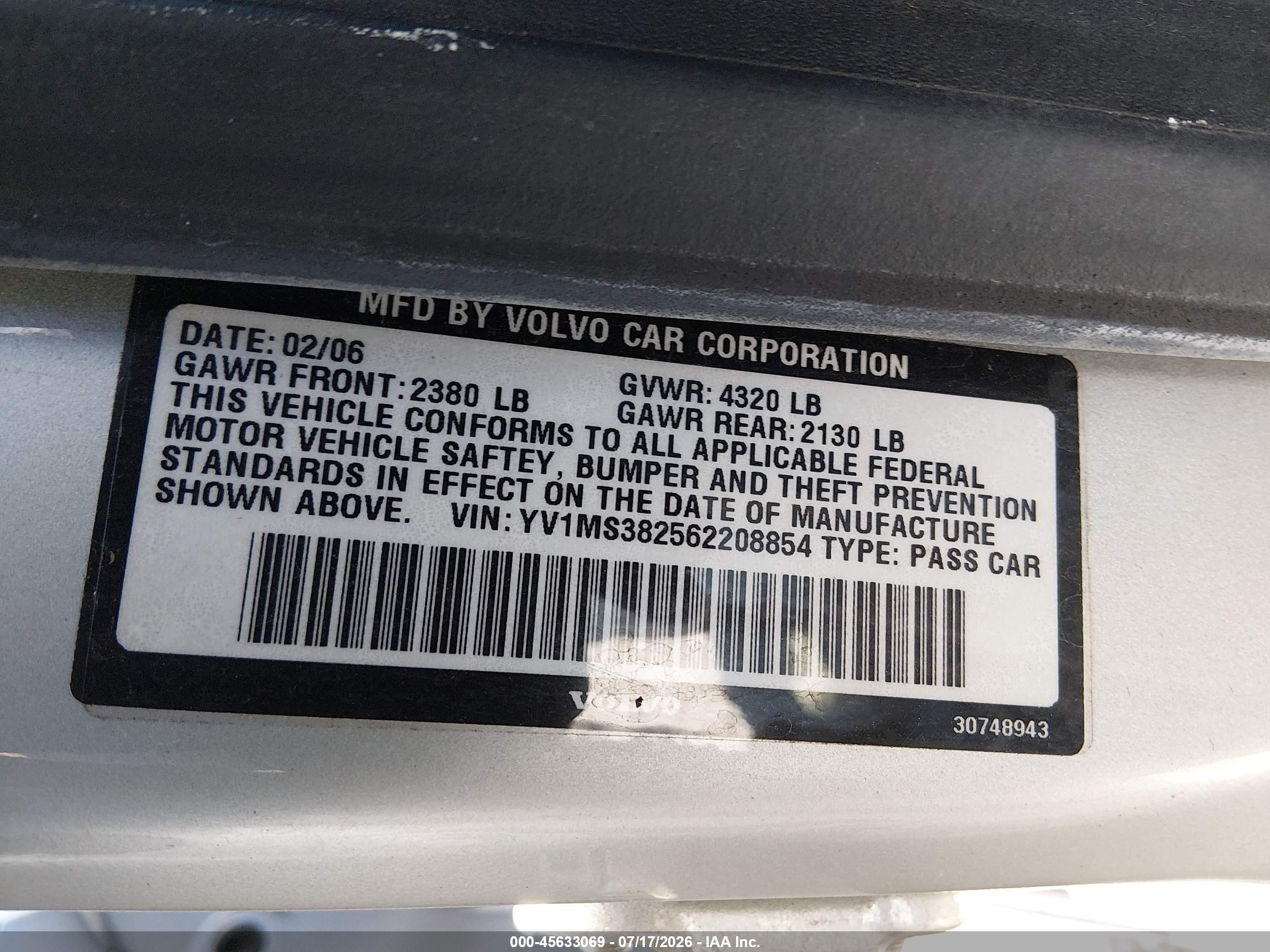 2006 Volvo S40 2.4i Silver vin: YV1MS382562208854