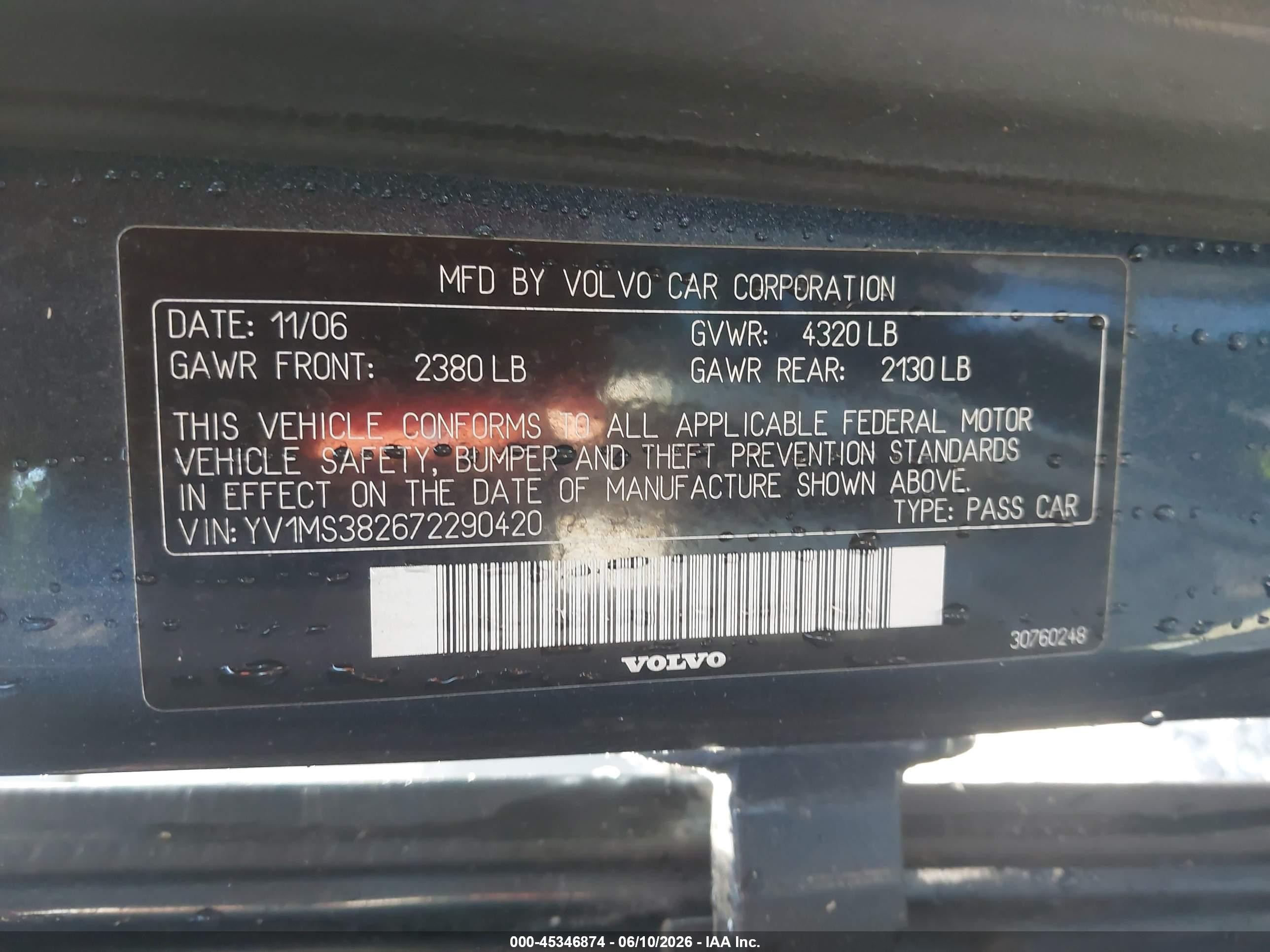 2007 Volvo S40 2.4i Blue vin: YV1MS382672290420