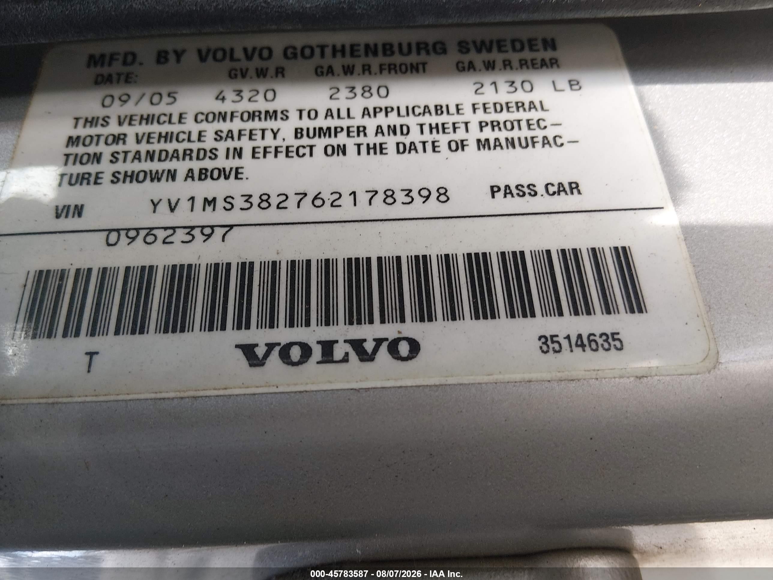 2006 Volvo S40 2.4i Silver vin: YV1MS382762178398