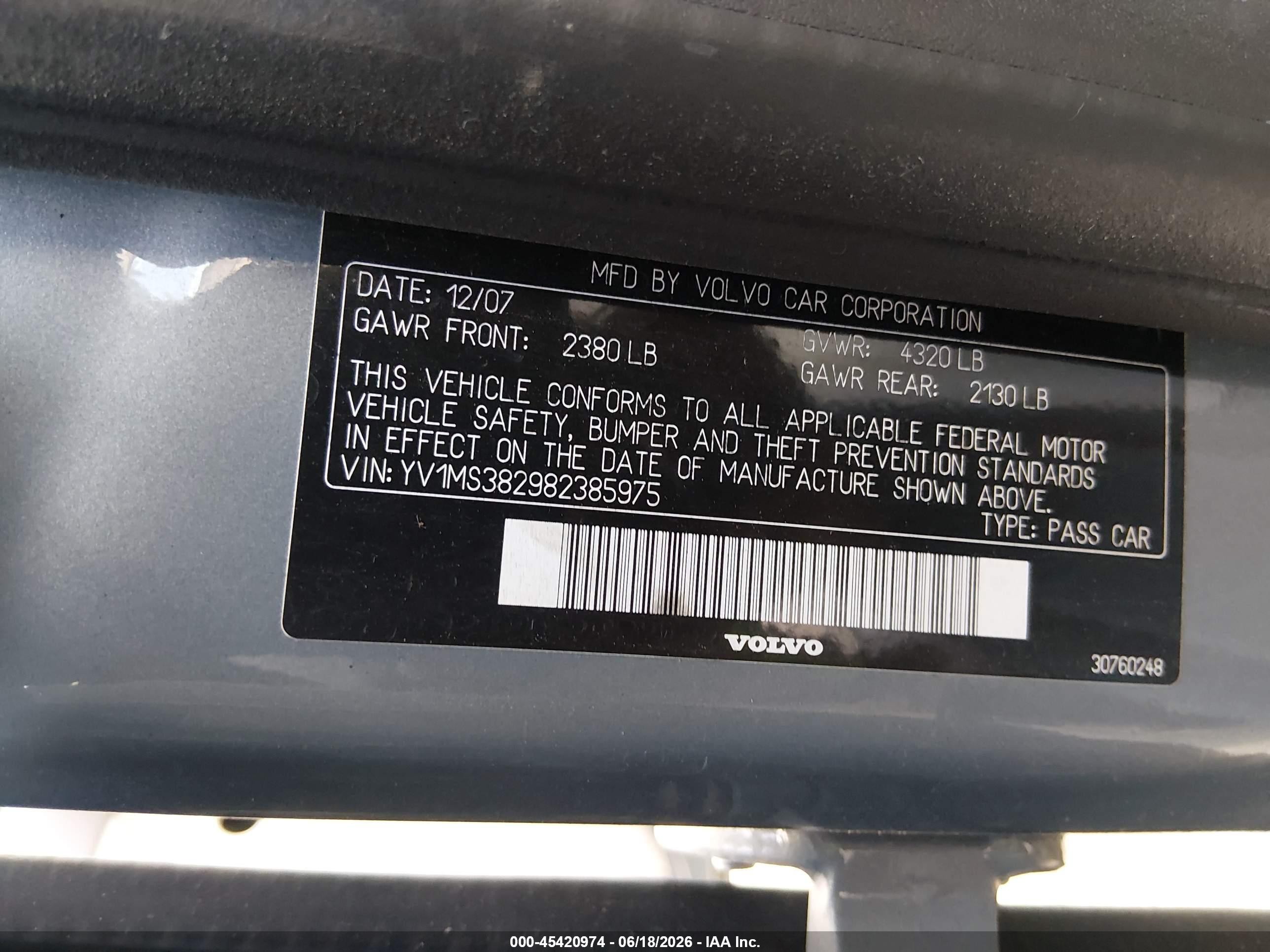 2008 Volvo S40 2.4l/2.4l W/snrf Light Blue vin: YV1MS382982385975