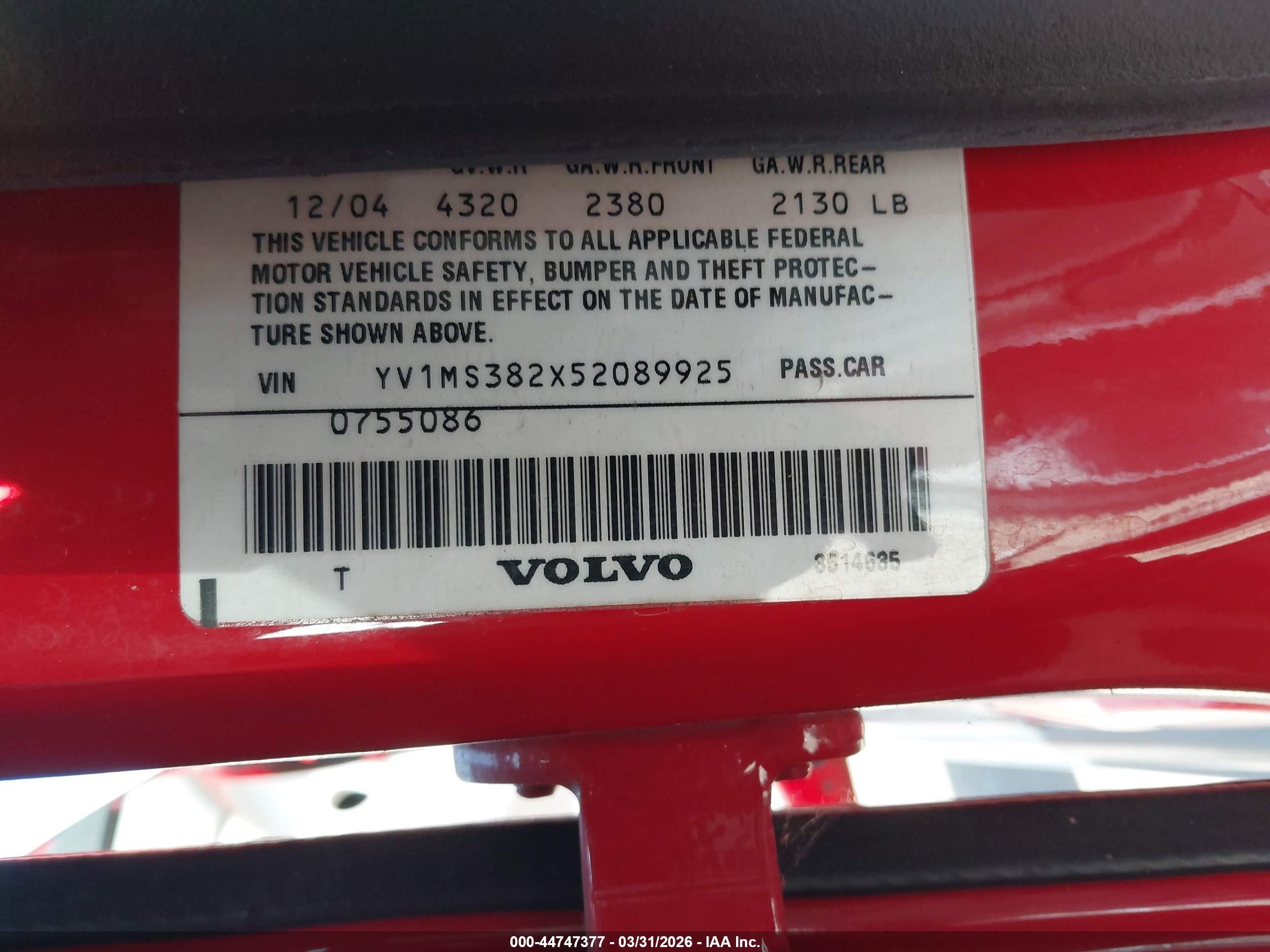 2005 Volvo S40 2.4i Red vin: YV1MS382X52089925