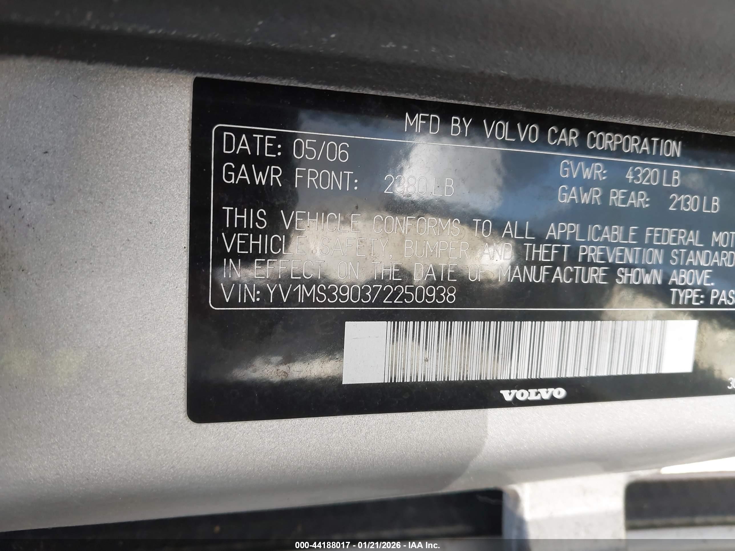 2007 Volvo S40 2.4i Silver vin: YV1MS390372250938