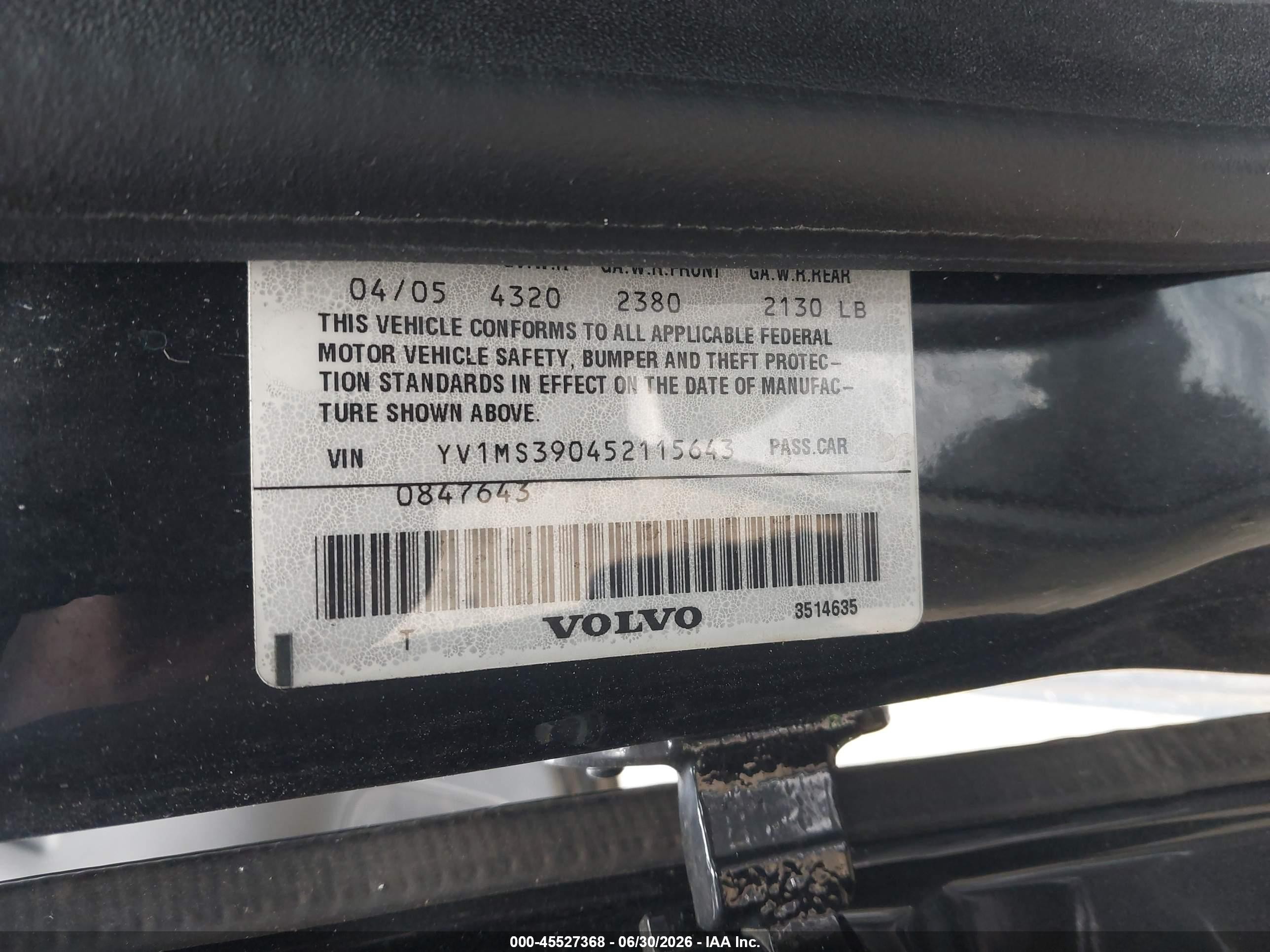 2005 Volvo S40 2.4i A/2.4i A Sr/2.4i M/2.4i M Sr Black vin: YV1MS390452115643