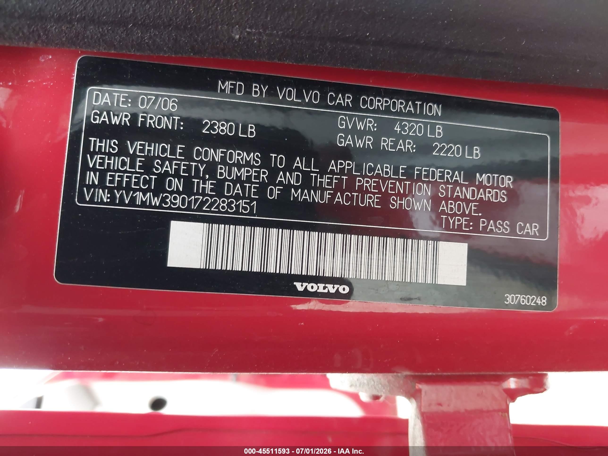 2007 Volvo V50 2.4i Red vin: YV1MW390172283151
