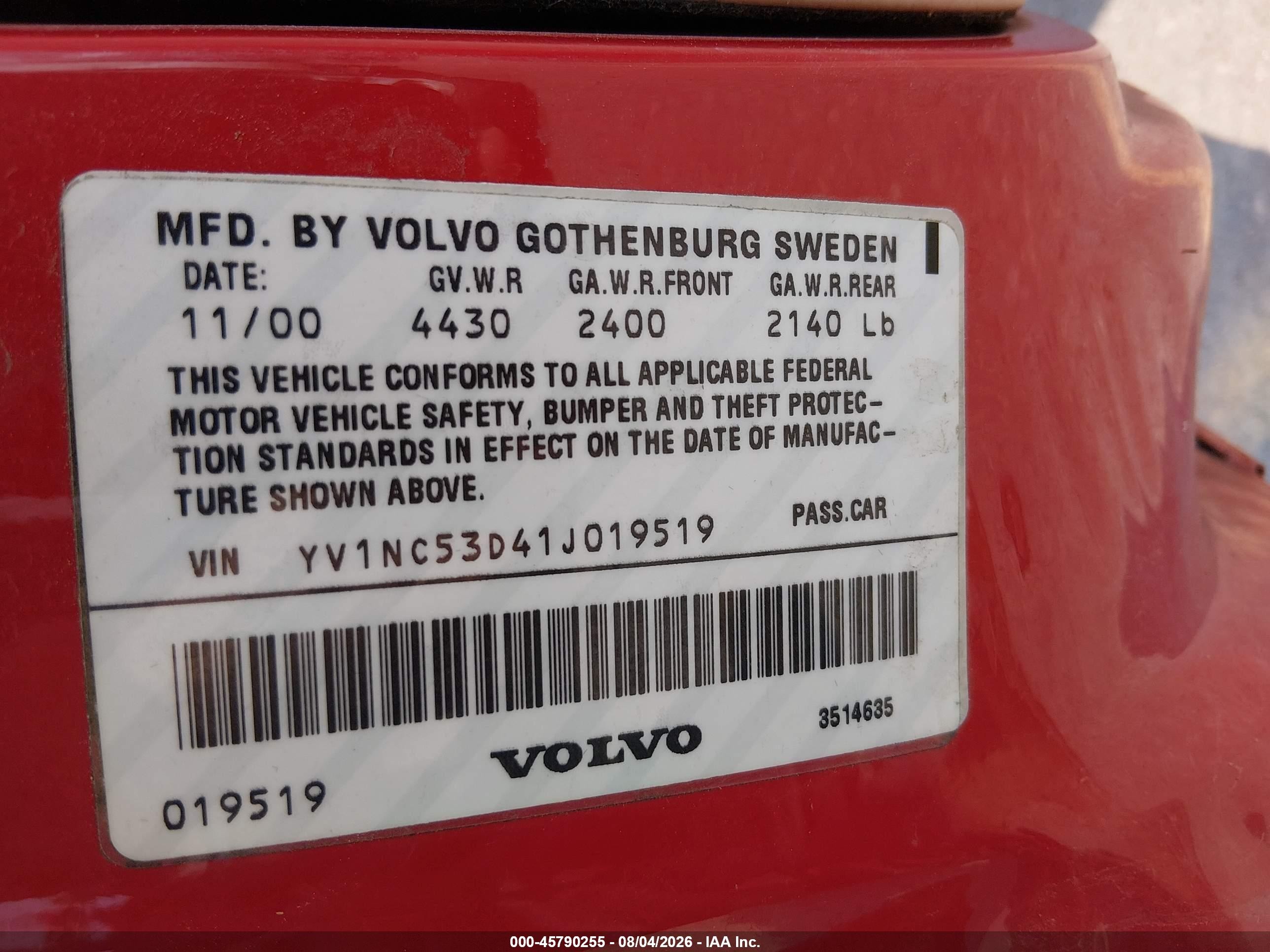 2001 Volvo C70 Ht Red vin: YV1NC53D41J019519