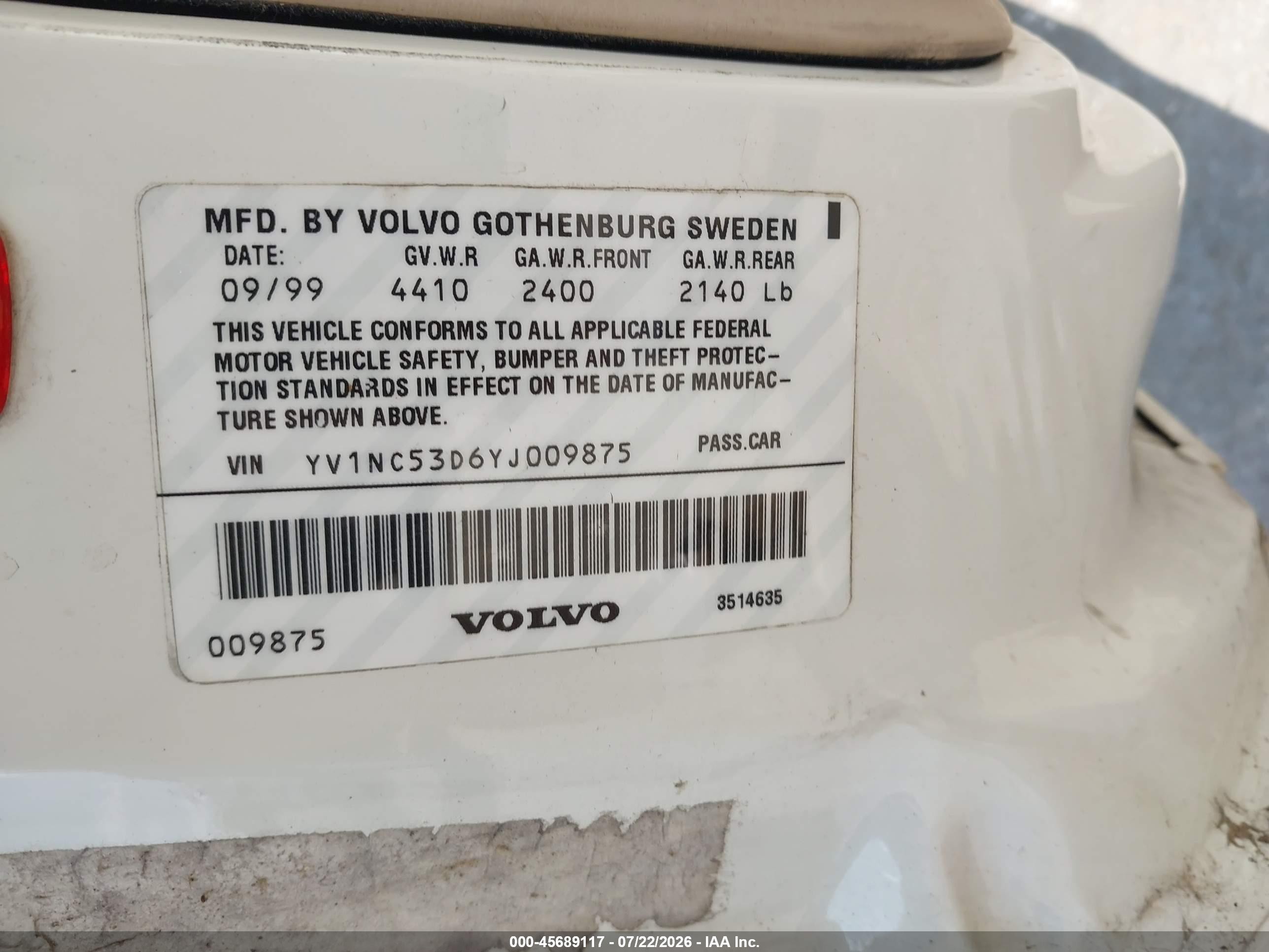 2000 Volvo C70 Ht White vin: YV1NC53D6YJ009875