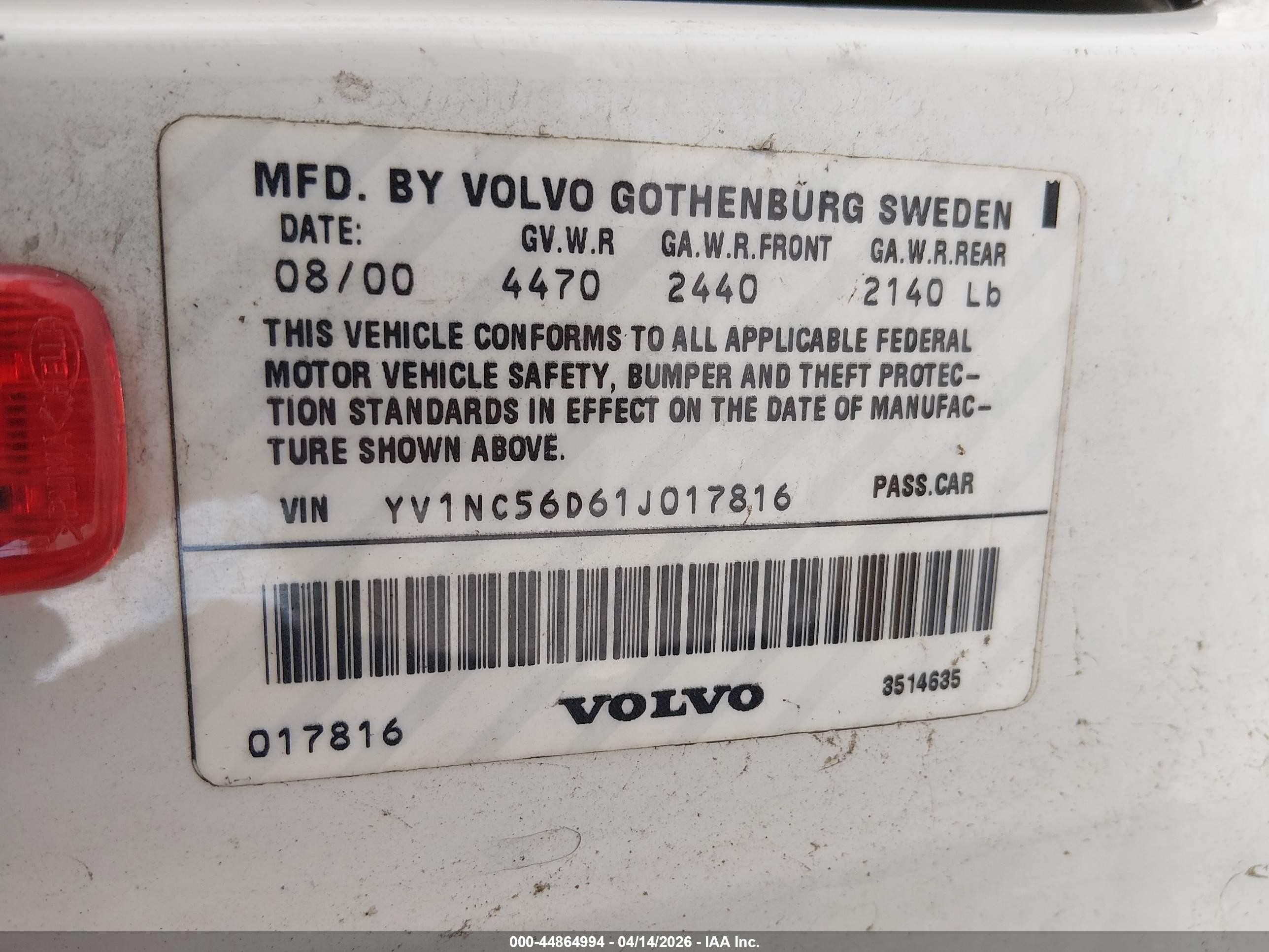 2001 Volvo C70 Lt White vin: YV1NC56D61J017816