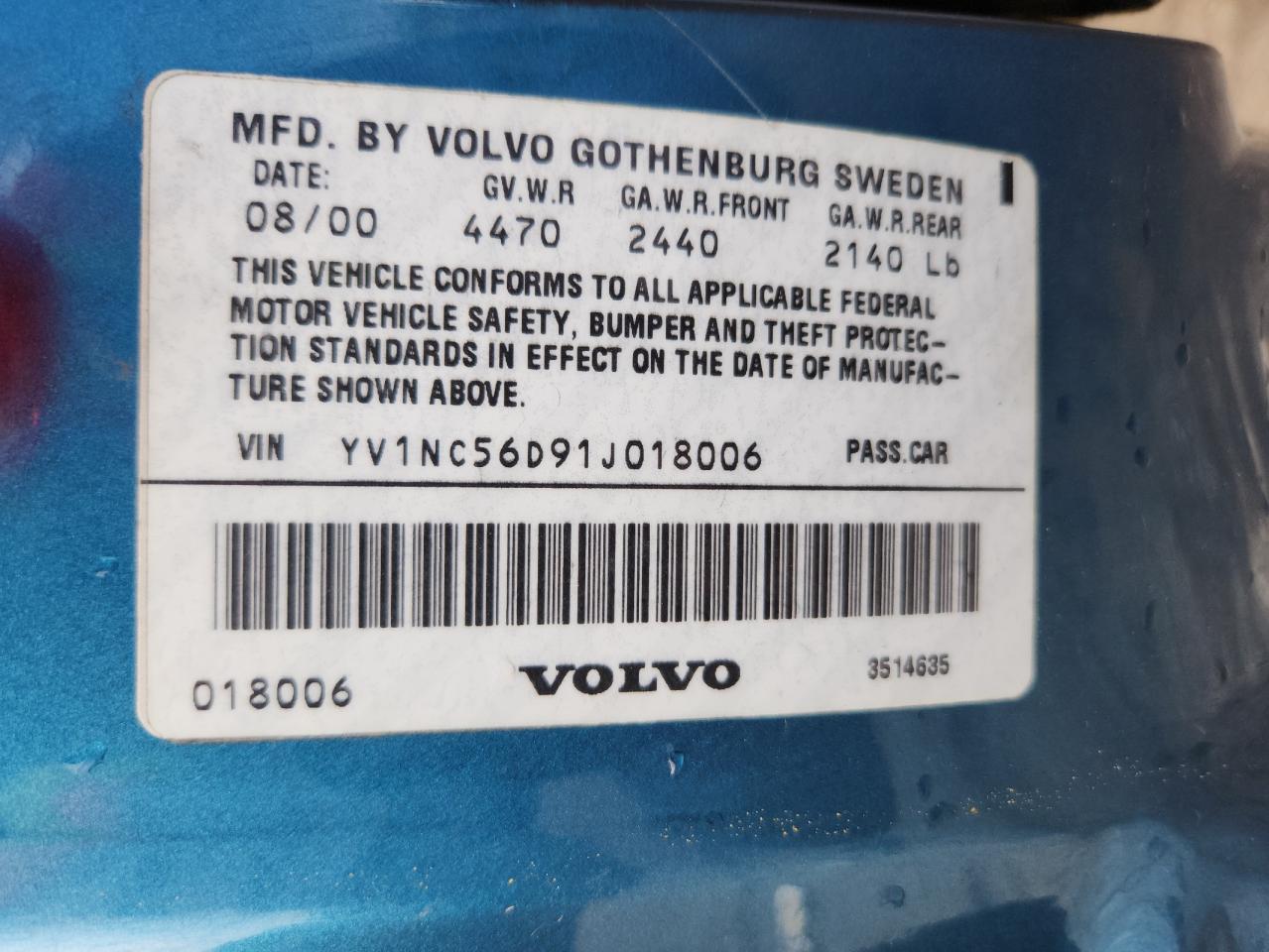 2001 Volvo C70 Turbo Turquoise vin: YV1NC56D91J018006