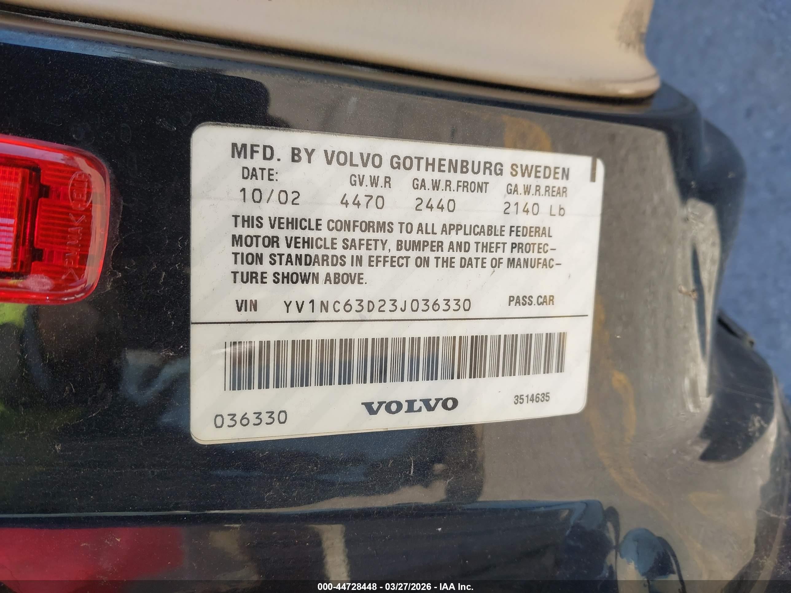 2003 Volvo C70 Lt Black vin: YV1NC63D23J036330