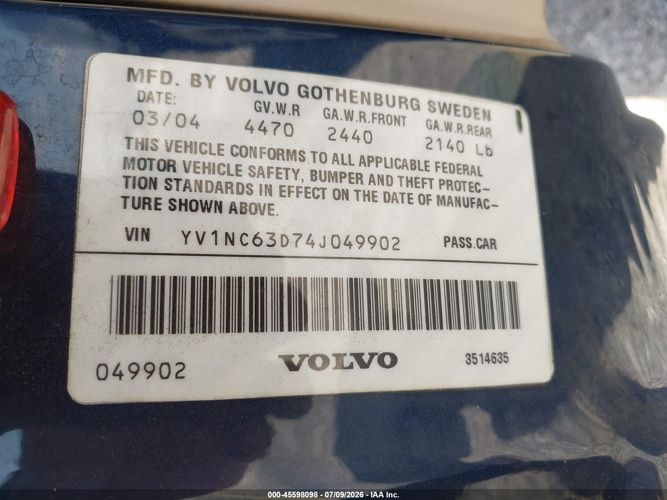 2004 Volvo C70 Lt Blue vin: YV1NC63D74J049902
