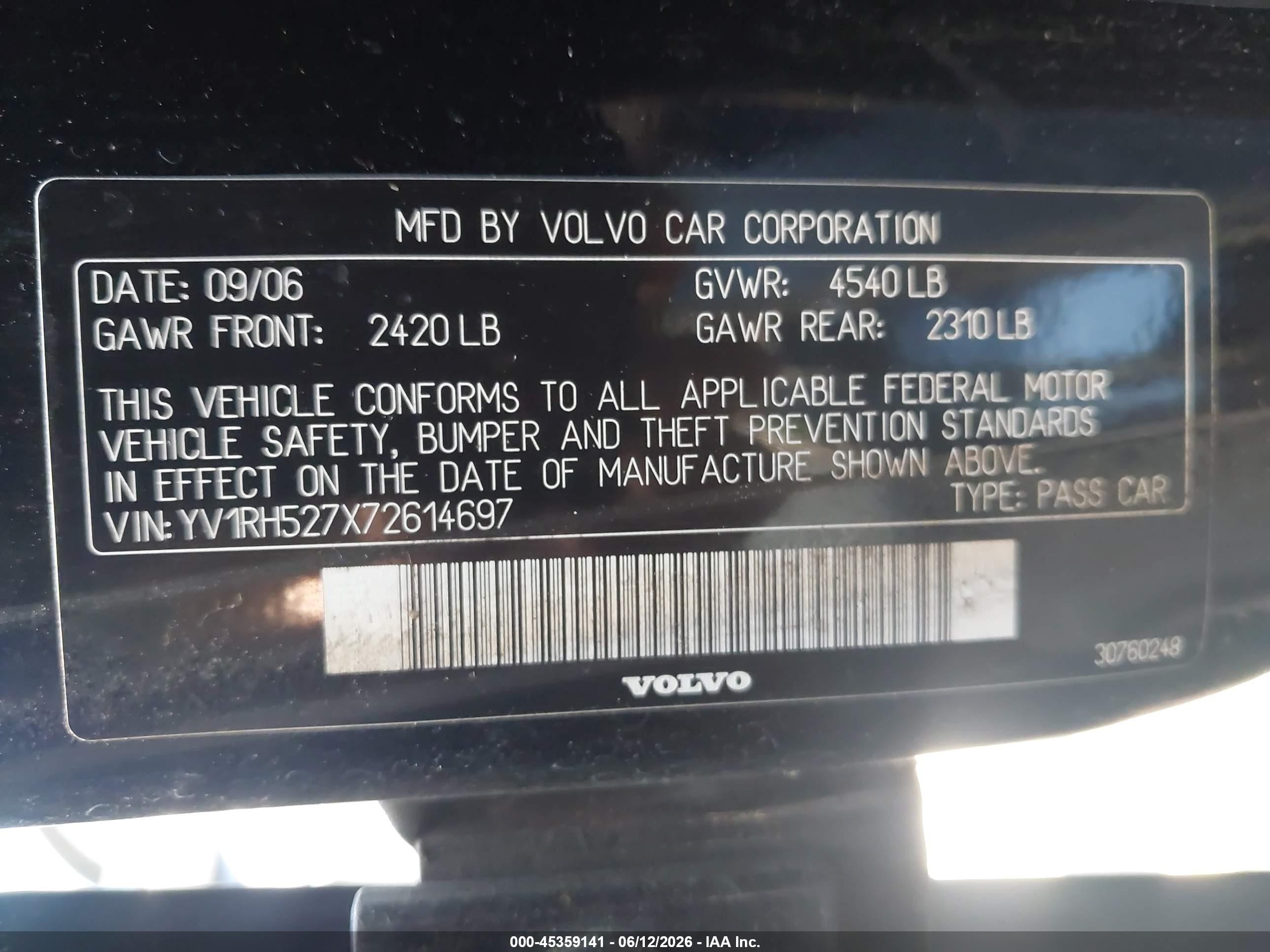2007 Volvo S60 R Black vin: YV1RH527X72614697