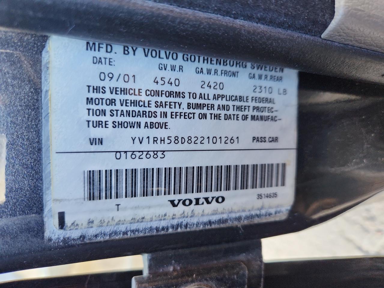 2002 Volvo S60 2.5t Black vin: YV1RH58D822101261