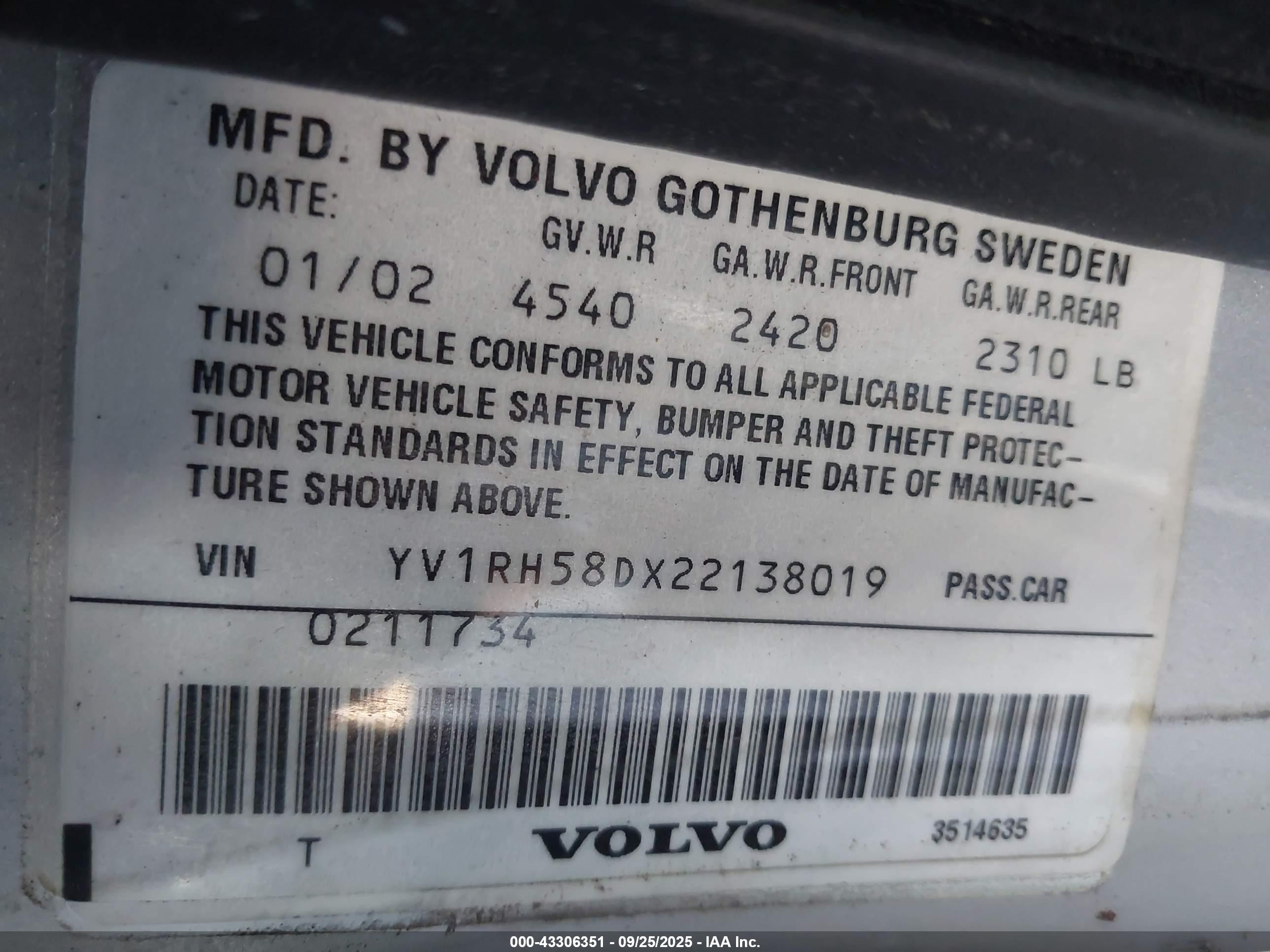 2002 Volvo S60 Awd Silver vin: YV1RH58DX22138019