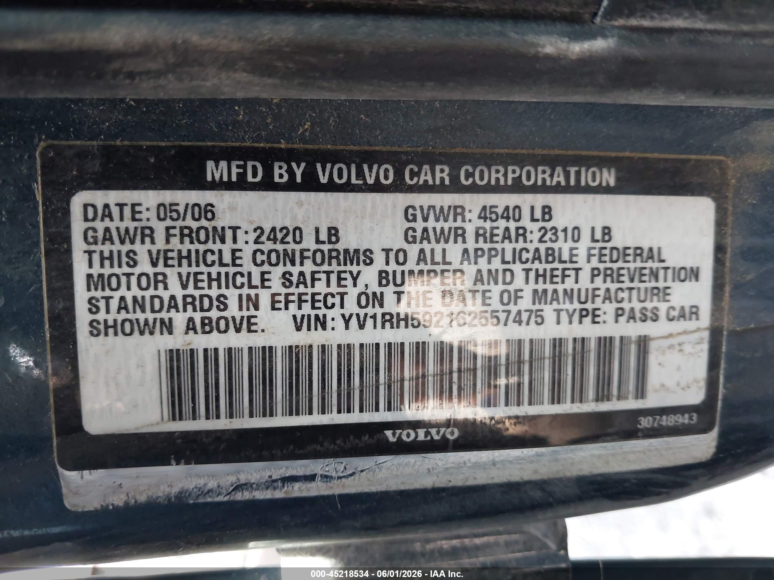 2006 Volvo S60 2.5t Dark Blue vin: YV1RH592162557475